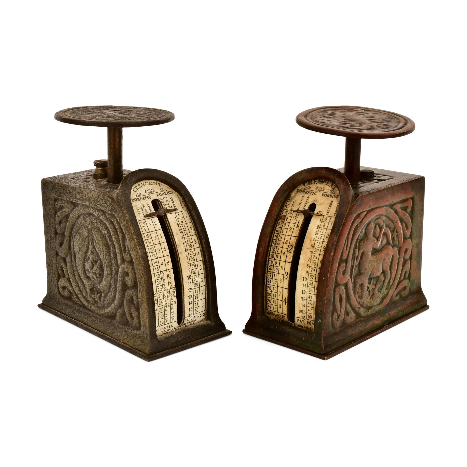 Tiffany Studios, Two "Zodiac" Postage Scales: Tiffany Studios Two "Zodiac" Postage Scales circa 1910 patinated bronze impressed "Tiffany Studios, New York, 874" 3 1/2 x 3 1/4 x 1 3/4 inches Provenance: Private Collection, Pennsylvania Other