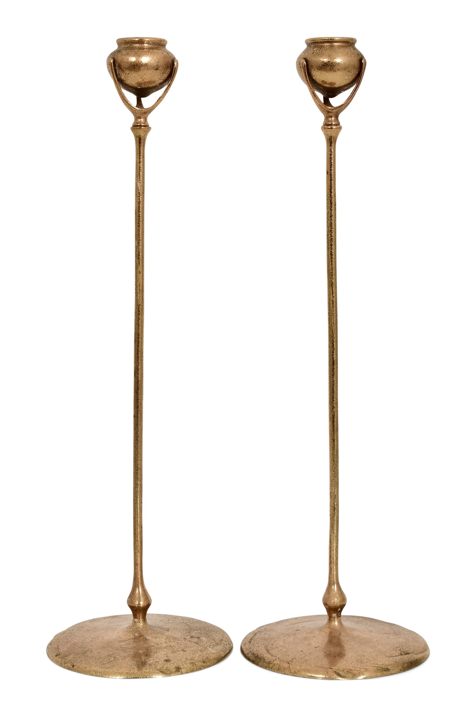 Tiffany Studios, Pair of Candlesticks: Tiffany Studios Pair of Candlesticks circa 1910 gilt bronze each impressed "Tiffany Studios, New York, 1213" 18 1/2 x 5 3/4 inches Provenance: Property from an Important Northeast Collection