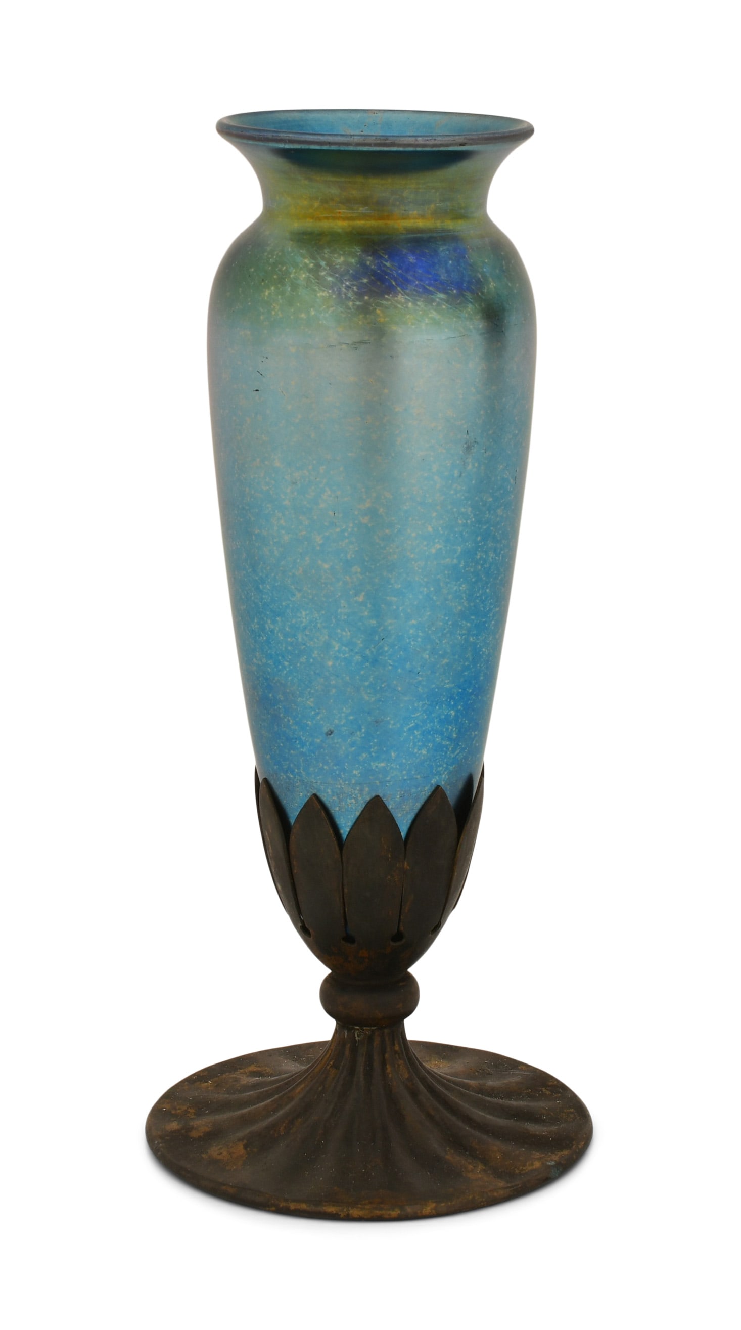 Tiffany Studios Blue Favrile Glass Vase: Tiffany Studios Vase circa 1910 blue favrile glass, patinated bronze insert engraved "L.C.T." base engraved "Louis C. Tiffany Furnaces, Inc." 9 1/2 x 4 1/2 inches Provenance: Property from an