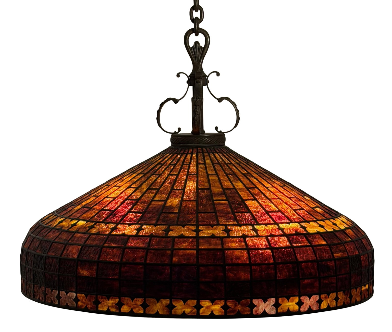 Bigelow, Kennard & Co. Chandelier: Bigelow, Kennard & Co. Chandelier early 20th century leaded glass, patinated bronze shade signed "Bigelow, Kennard & Co., Boston / Bigelow Studios" 43 in. drop, 28 in. diameter Provenance: Property