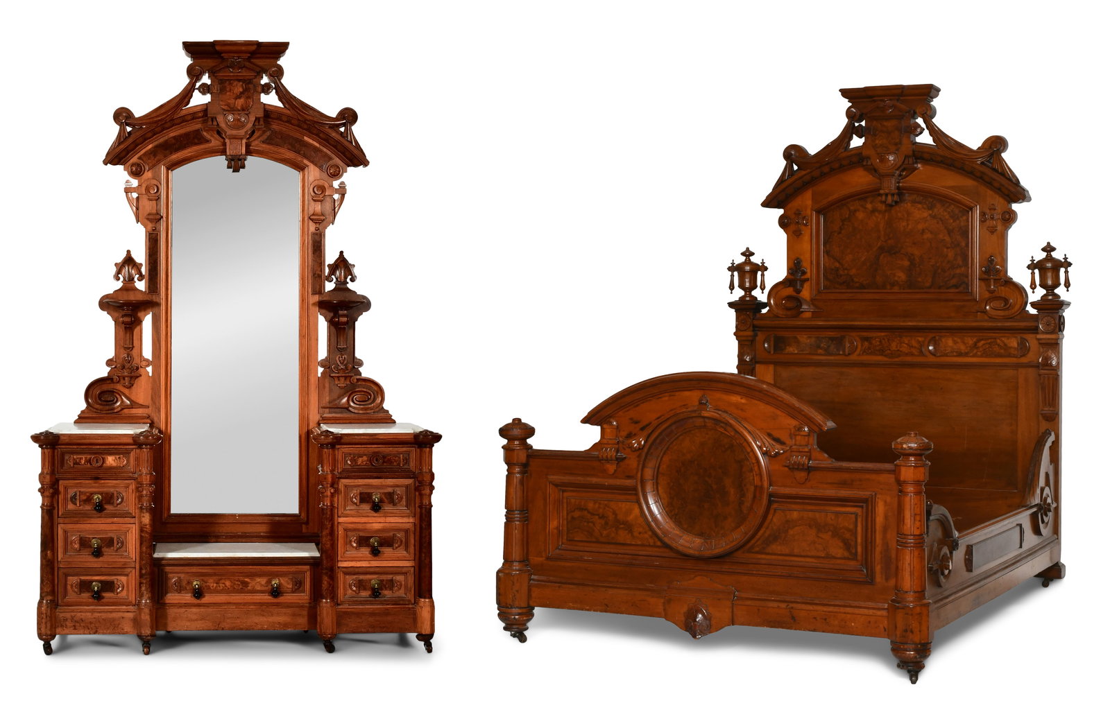 American Renaissance Revival Walnut & Burl Walnut Two-Piece Bedroom Set: American Renaissance Revival Walnut & Burl Walnut Two-Piece Bedroom Set circa 1870 the set carved with foliate, urns, drapery, rosettes and a cartouche shield, the dresser with nine drawers and three