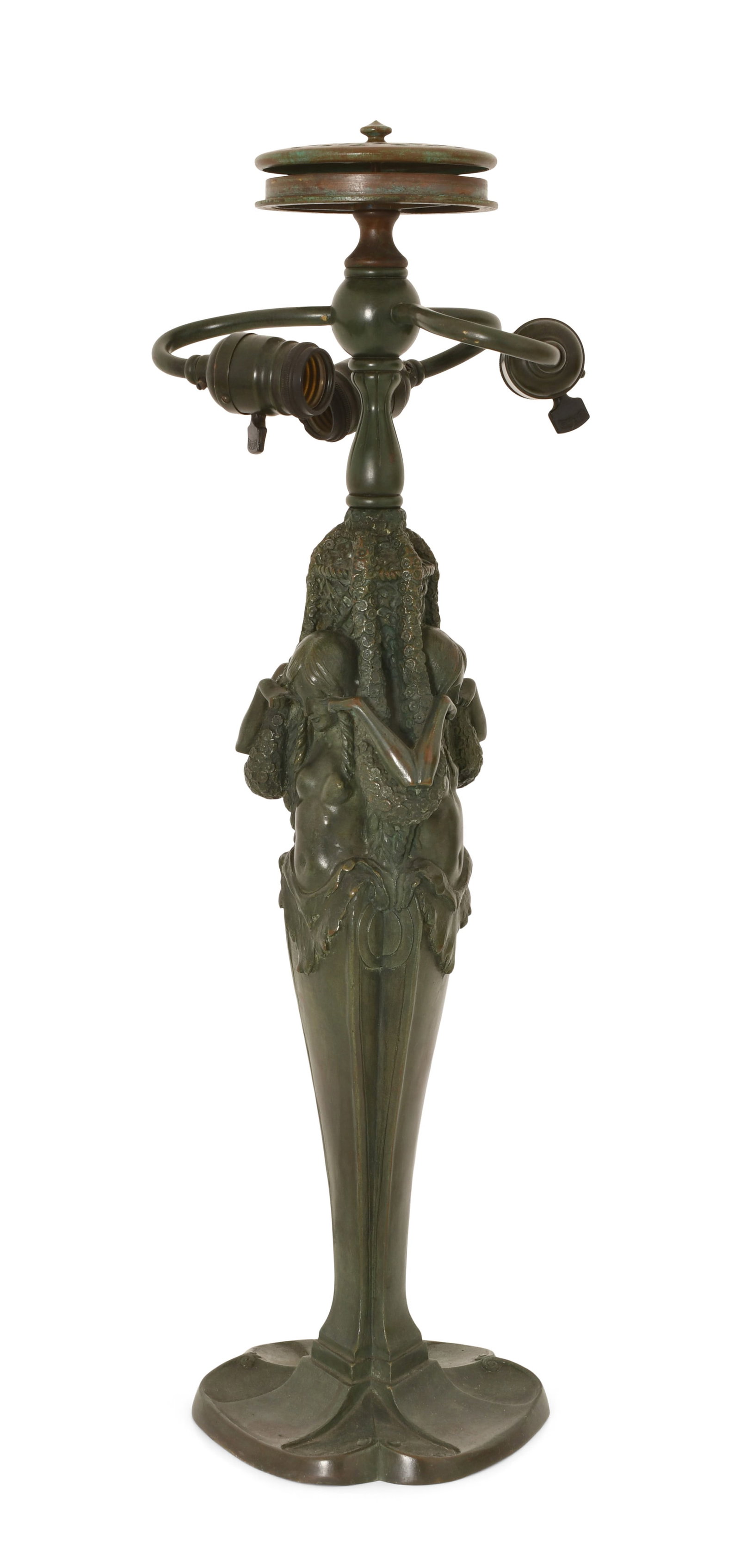 Roman Bronze Works / Emilio Angela (1889-1970), Patinated Bronze Figural Table Lamp Base: Roman Bronze Works / Emilio Angela (1889-1970), Patinated Bronze Figural Table Lamp Base early 20th century marked "E. Angela, Sc., 1918 / Roman Bronze Works, N.Y." 26 x 8 inches Provenance: Property 