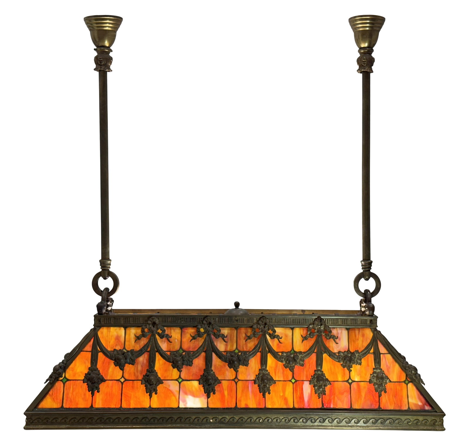 A Fine American Leaded Glass & Gilt Bronze Billiard Fixture: A Fine American Leaded Glass & Gilt Bronze Billiard Fixture circa 1900 decorated with ribbons and floral swags, the glass displaying vibrant colors of yellow, orange and red 48 x 48 x 14 inches