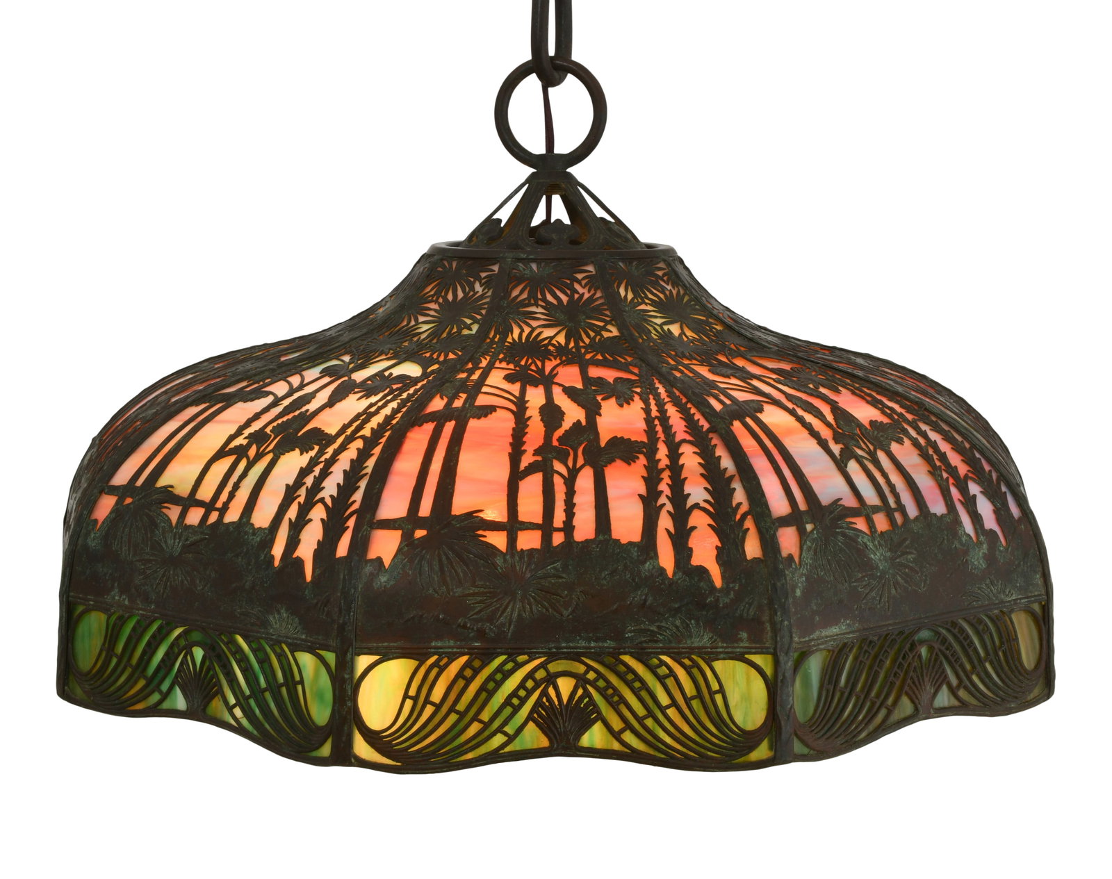 Handel "Sunset Palm" Overlay Chandelier: Handel Company (Connecticut/New York, 1885-1936) "Sunset Palm" Overlay Chandelier early 20th century slag glass, patinated metal 53 x 24 inches Provenance: Private Collection, Massachusetts