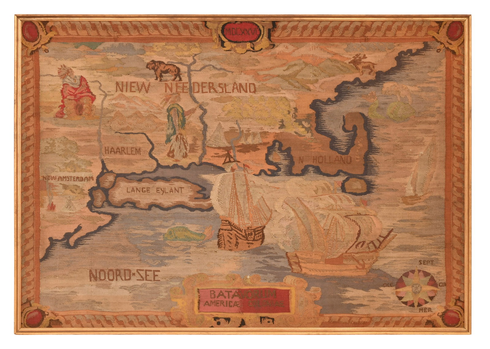 Hand-Made Tapestry of New Netherland in 1626: Hand-Made Tapestry of New Netherland in 1626 representing the New England region of North America with stylized decoration elements reminiscent of seventeenth-century maps 41 x 58 inches