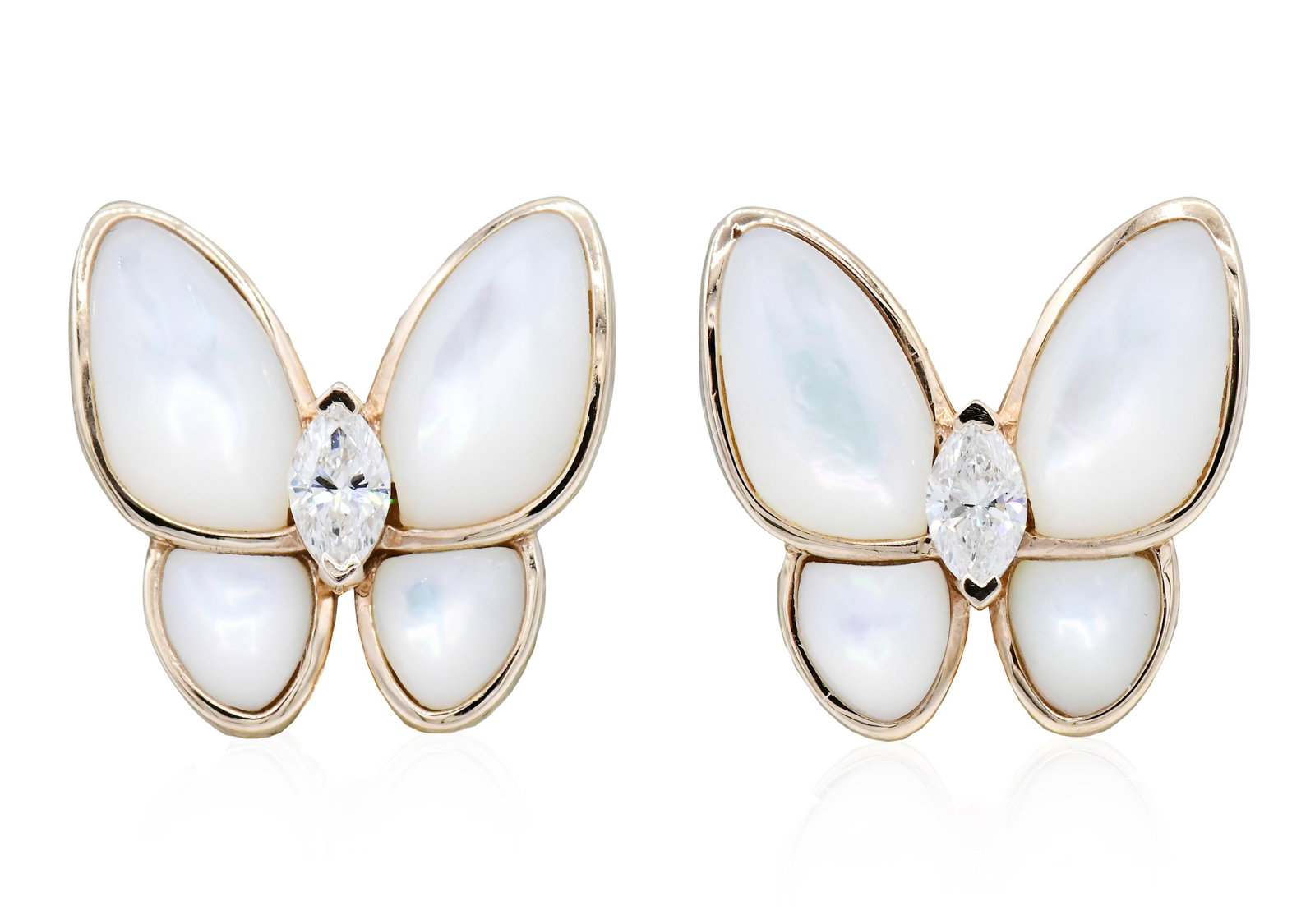 Attributed to Van Cleef & Arpels 18K Yellow Gold, Diamond & Mother Of Pearl Butterfly Earrings: Attributed to Van Cleef & Arpels 18K Yellow Gold, Diamond & Mother Of Pearl Butterfly Earrings • set with marquise cut diamonds weighing a total of 0.33 carats • 5/8 inches (length) •