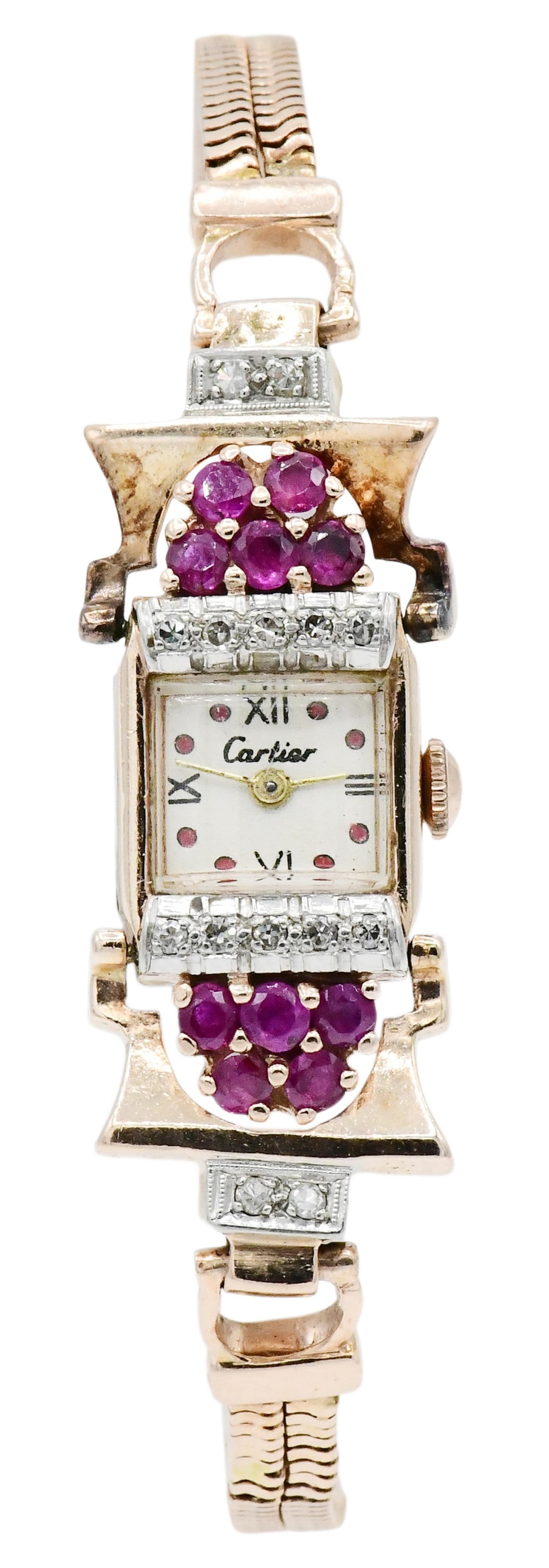 Cartier 14K Rose Gold, Diamond & Ruby Ladies Wrist Watch: Cartier 14K Rose Gold, Diamond & Ruby Ladies Wrist Watch Case: 14K rose gold, 14mm x 18mm, set with round brilliant diamonds weighing a total of 0.29 carats, set with faceted round rubies weighing a t