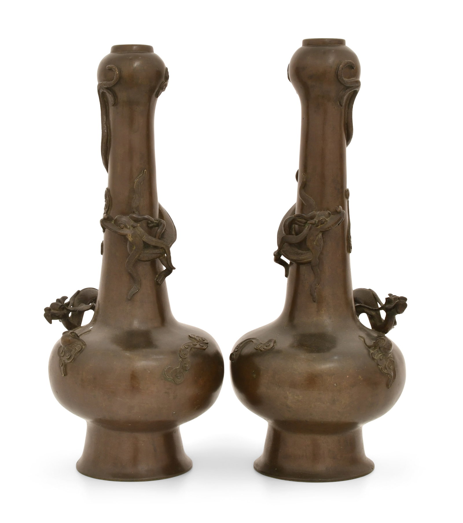 A Pair of Japanese Patinated Bronze Dragon Vase: A Pair of Japanese Patinated Bronze Dragon Vase 19th century 17 x 7 inches