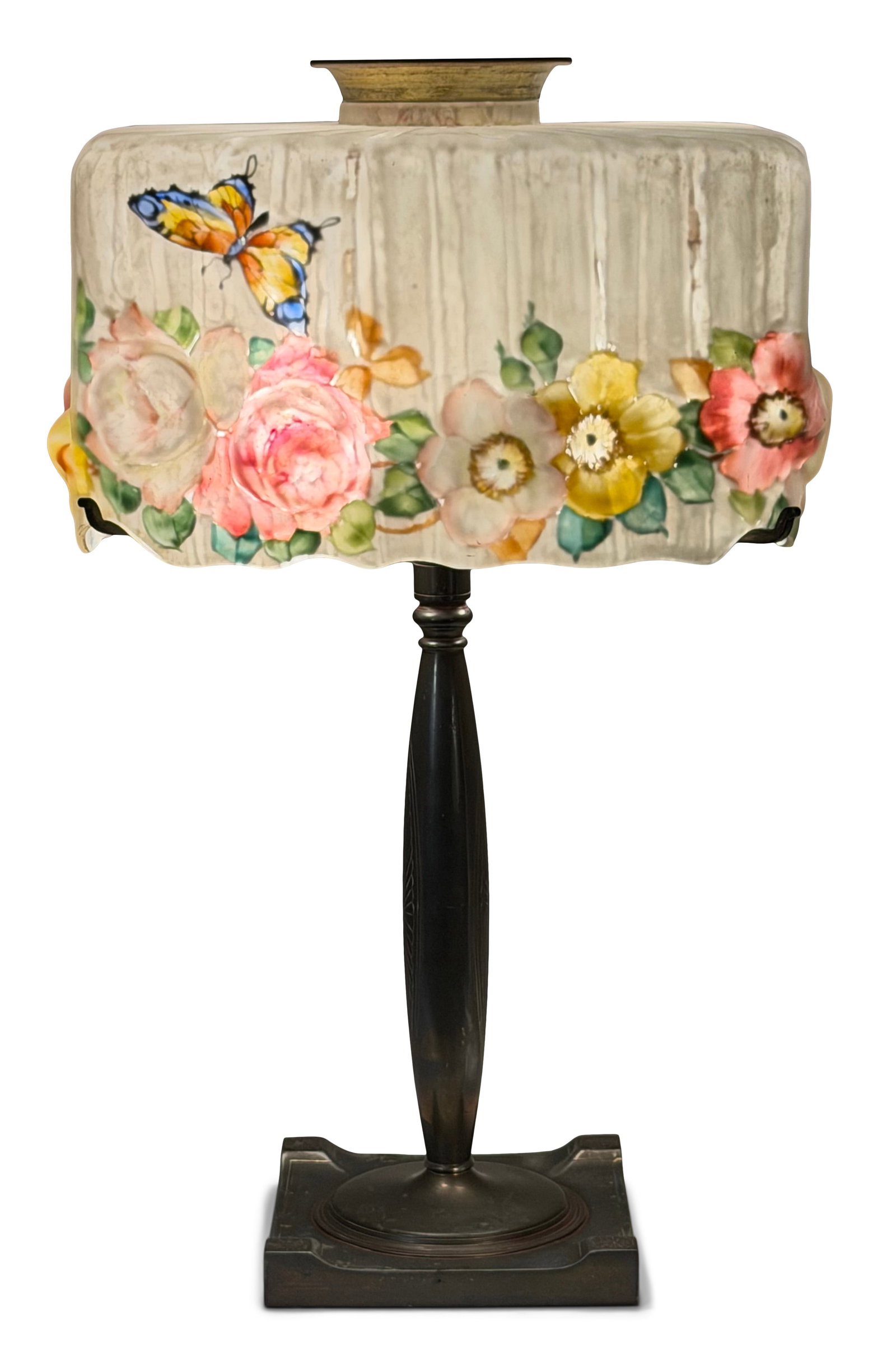 Pairpoint, A Rare Square "Puffy Butterfly" Table Lamp: Pairpoint A Rare Square "Puffy Butterfly" Table Lamp early 20th century reverse painted glass, plated metal base marked "Pairpoint Mfg. Co., (P-diamond), B3002" 22 1/4 x 13 inches Provenance: Property