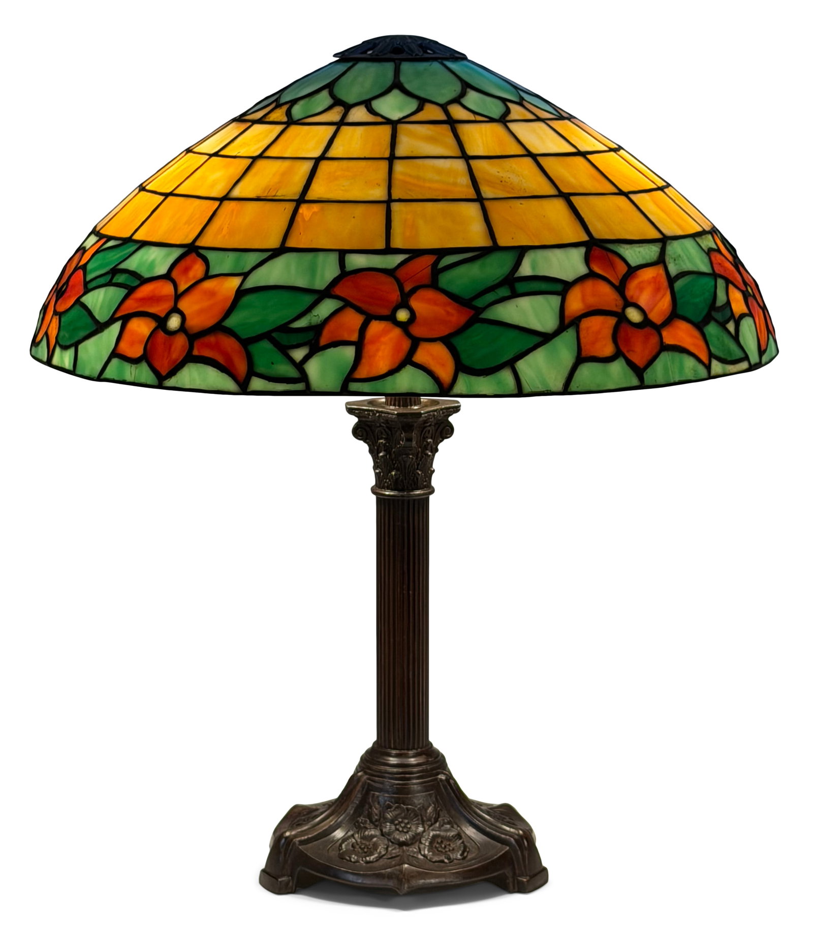 Suess Ornamental Glass Co. Floral Table Lamp: Suess Ornamental Glass Co. Floral Table Lamp circa 1910 leaded glass, patinated bronze 23 3/4 x 20 1/4 inches Provenance: Property from a Massachusetts Collector