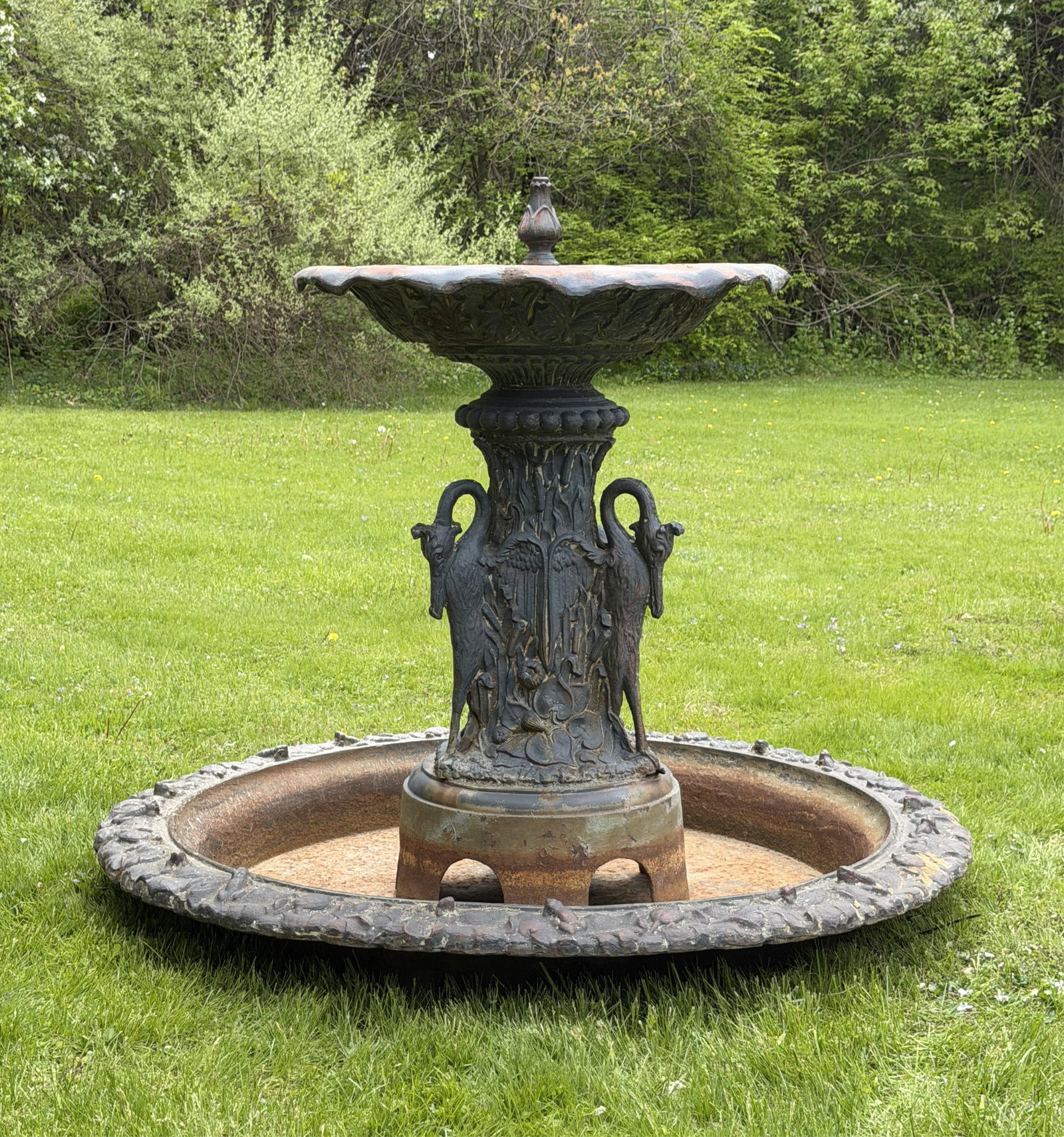 Attr. J.W. Fiske & Co. Cast Iron Egret Fountain: Attributed to J.W. Fiske & Co. (New York, 1870-1893) Egret Fountain 19th century cast iron 49 x 60 inches Provenance: Private Collection, Ohio
