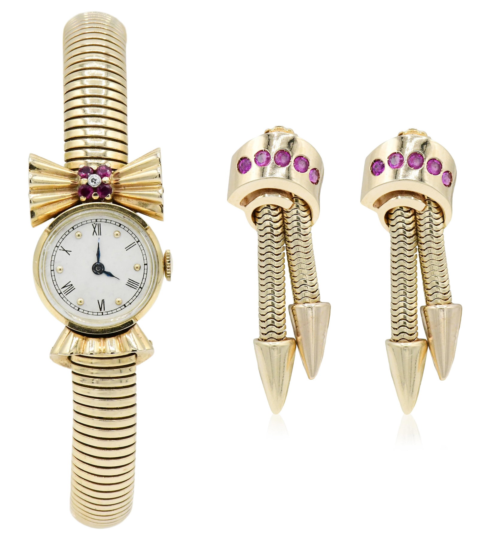 14K Yellow Gold & Ruby Watch and Earrings Set: 14K Yellow Gold & Ruby Watch and Earrings Set • the watch set with a 0.01 carat single cut diamond and faceted round rubies weighing a total of 0.28 carats • 19 mm dial • movement: