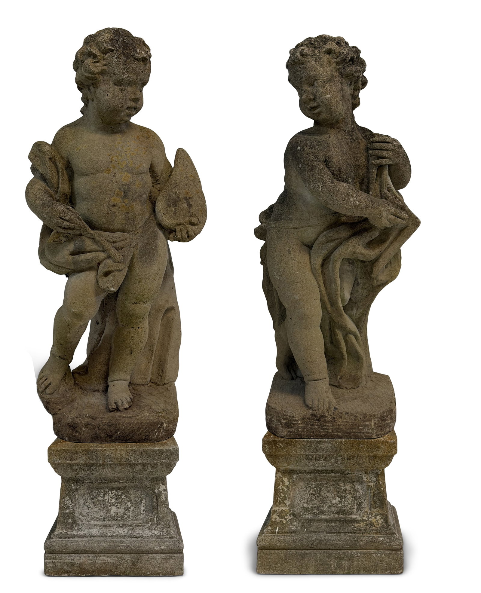 A Pair of Cast Stone Figures of Cherubs: A Pair of Cast Stone Figures of Cherubs 19th century 53 1/2 x 18 x 13 inches (largest) Provenance: Private Collection, Pennsylvania
