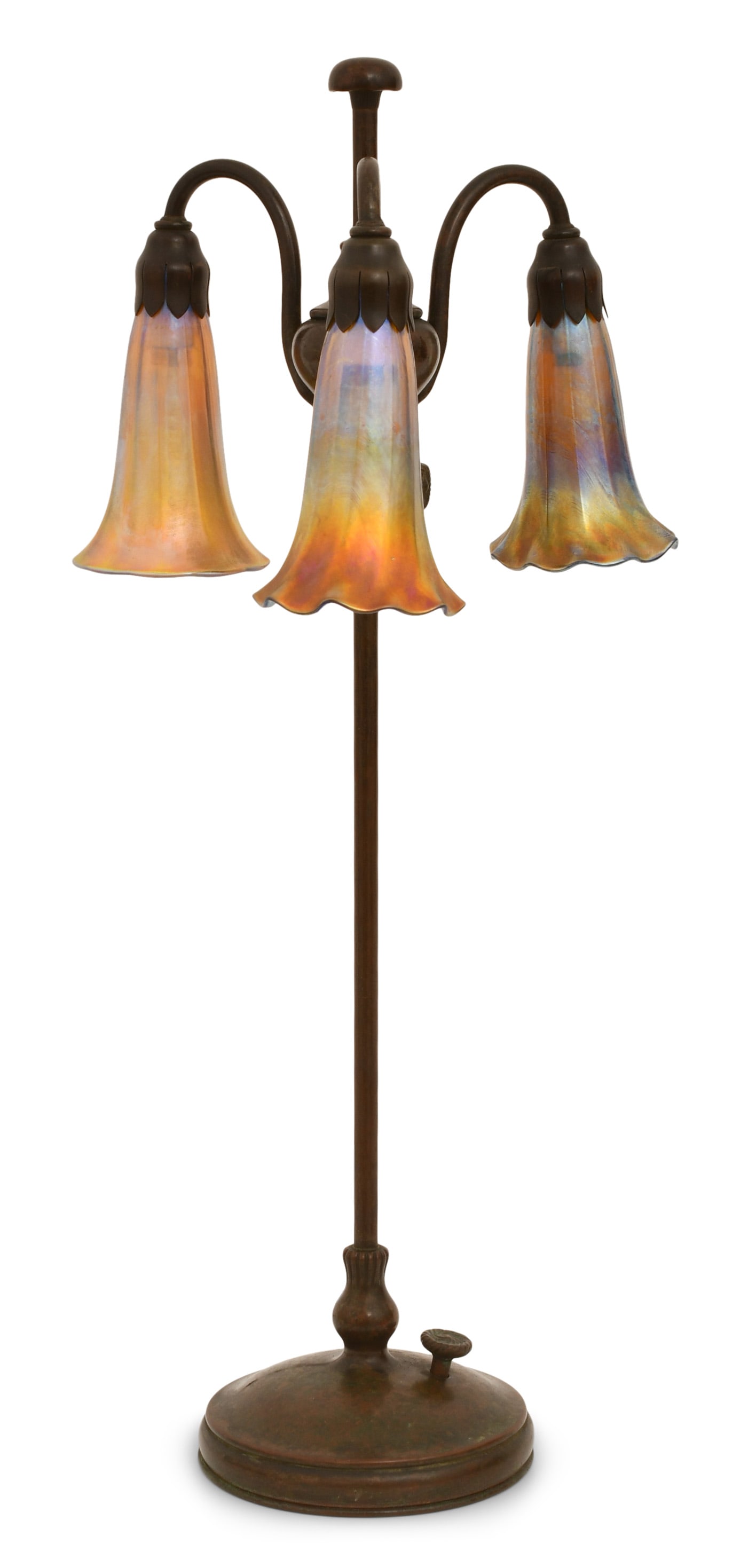 Tiffany Studios Three-Light "Lily" Table Lamp: Tiffany Studios Three-Light "Lily" Table Lamp circa 1910 patinated bronze, favrile glass shades engraved "L.C.T." base impressed "Tiffany Studios, New York, 28533" and with the Tiffany Glass & Decorat