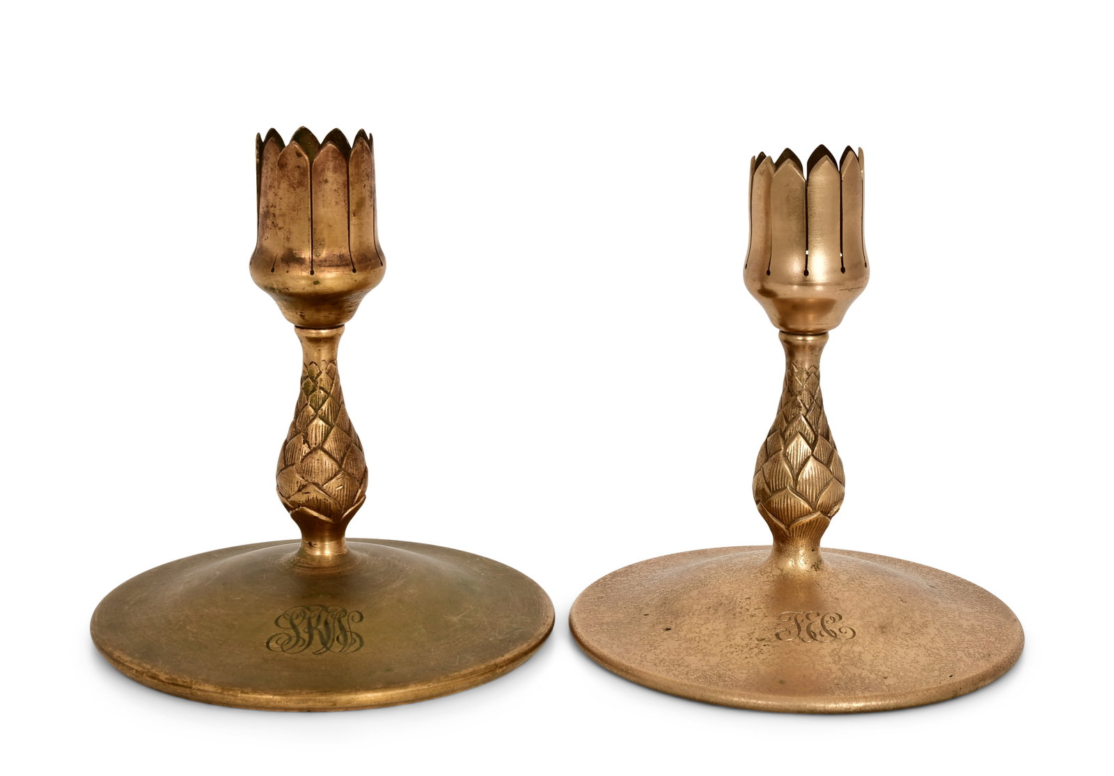 Tiffany Studios, Two Vase Holders: Tiffany Studios Two Vase Holders circa 1910 gilt bronze impressed "Tiffany Studios, New York, 1043" and "Tiffany Studios, New York" 5 1/2 x 5 inches Provenance: Property from an Important Northeast
