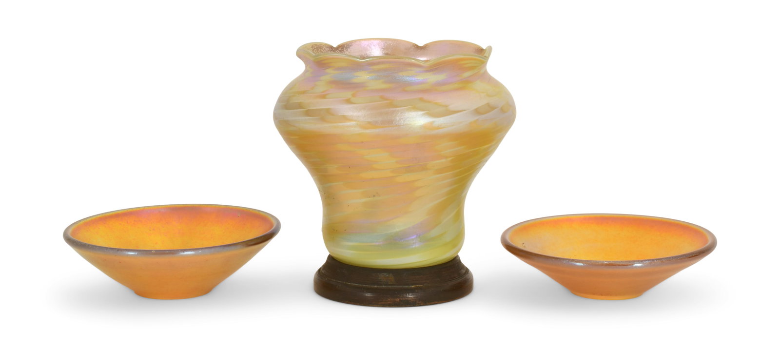 Tiffany Studios Decorated Shade & Two Bobeches: Tiffany Studios Decorated Shade & Two Bobeches circa 1910 favrile glass, patinated bronze 3 1/4 x 3 1/4 inches (shade) Provenance: Private Collection, Ohio Other Notes: Fontaine's Auction Gallery can 