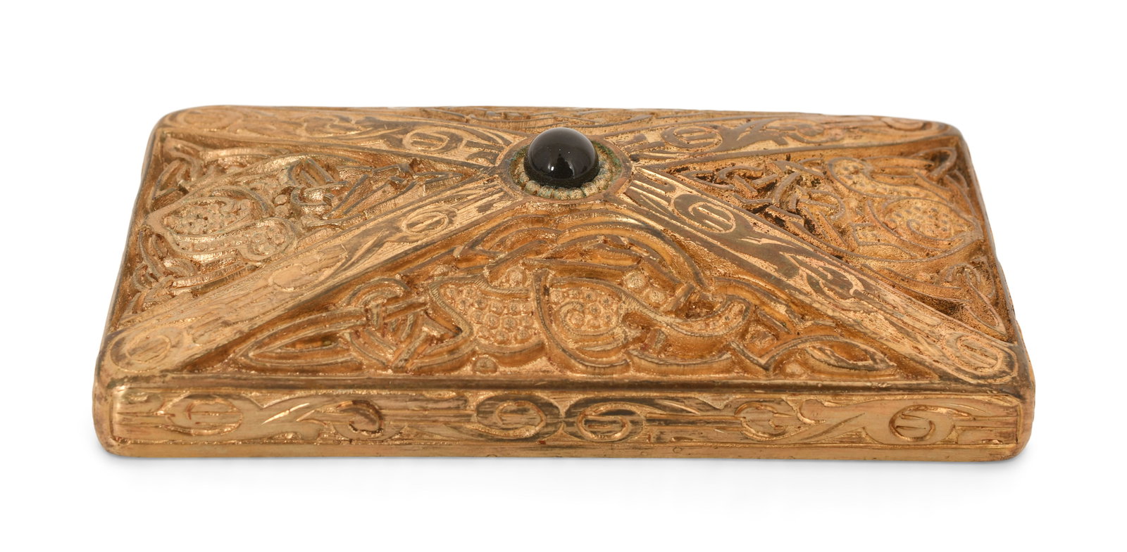 Tiffany Studios "Ninth Century" Paperweight: Tiffany Studios "Ninth Century" Paperweight early 20th century gilt bronze, Favrile glass cabochon impressed "Tiffany Studios, New York, 1631" 3/4 x 4 1/4 x 2 1/4 inches Provenance: Property from an