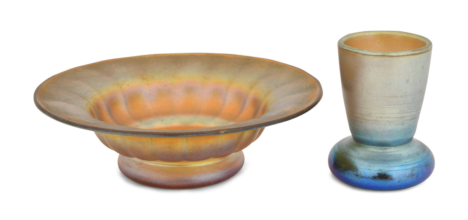 Tiffany Studios Favrile Glass Toothpick Holder and an Arthur Nash Art Glass Bowl: Tiffany Studios Favrile Glass Toothpick Holder and an Arthur Nash Art Glass Bowl early 20th century marked "L.C.T. Favrile" and "515, Nash" 1 1/4 x 4 inches (bowl) 2 x 1 1/2 inches (toothpick holder)