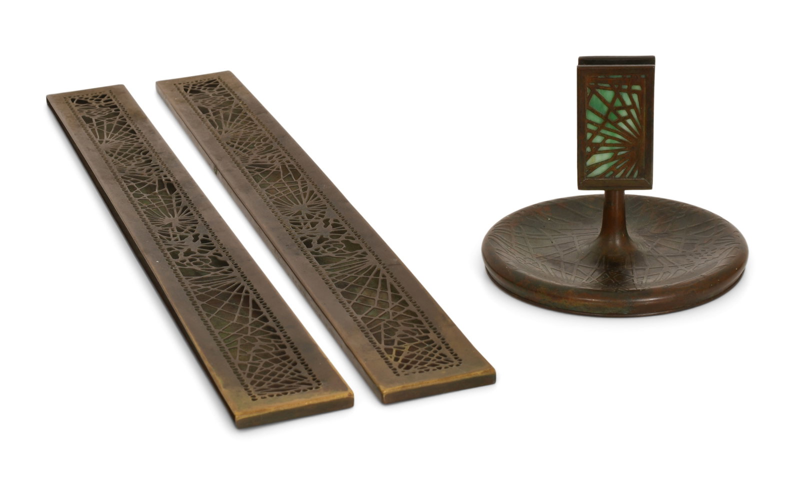 Tiffany Studios "Pine Needle" Matchbox Holder with Stand & Pair of Blotter Ends (1 of 1)