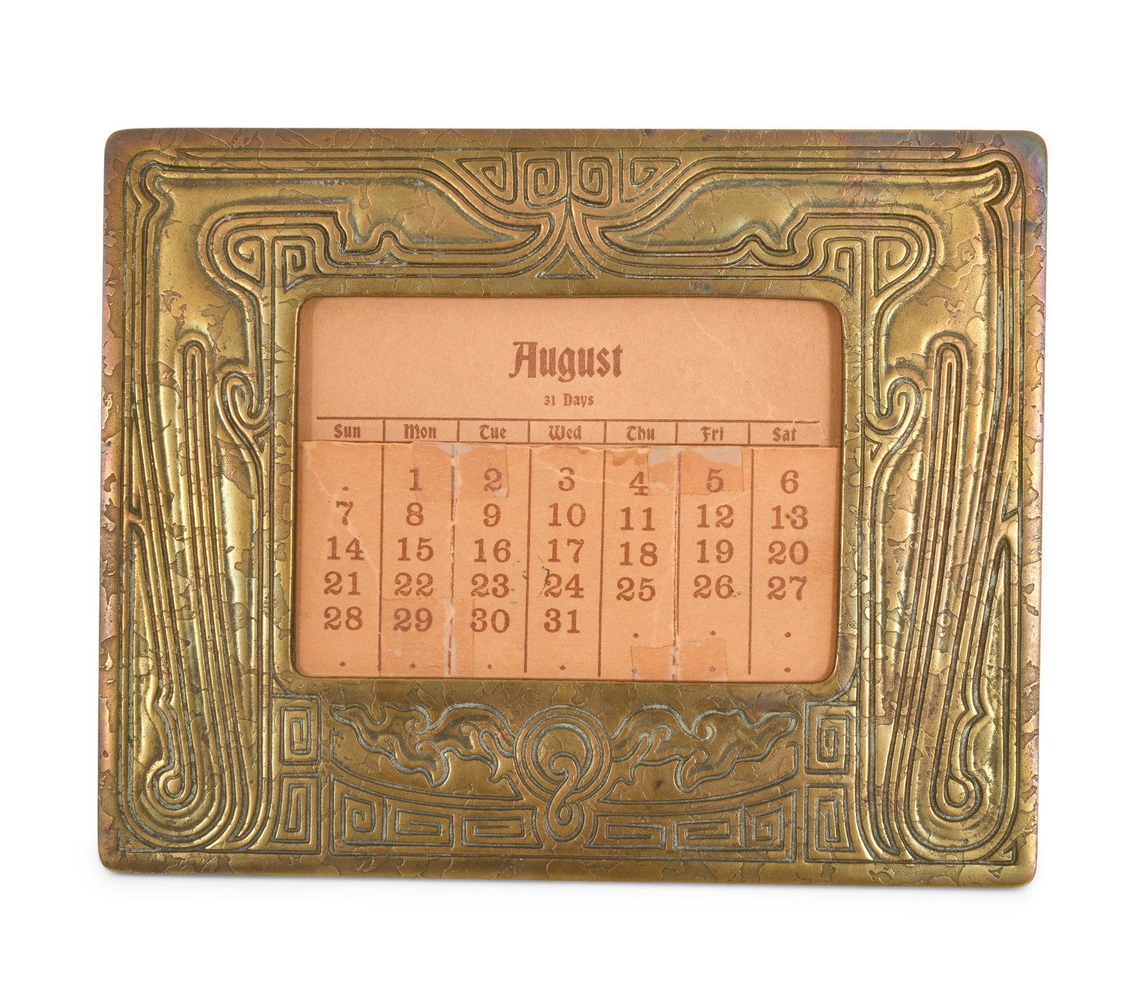 Tiffany Studios "Chinese" Calendar Frame: Tiffany Studios "Chinese" Calendar Frame circa 1910 gilt bronze impressed "Tiffany Studios, New York, 1860" 5 3/4 x 7 1/2 inches Provenance: Property from an Important Northeast Collection Other