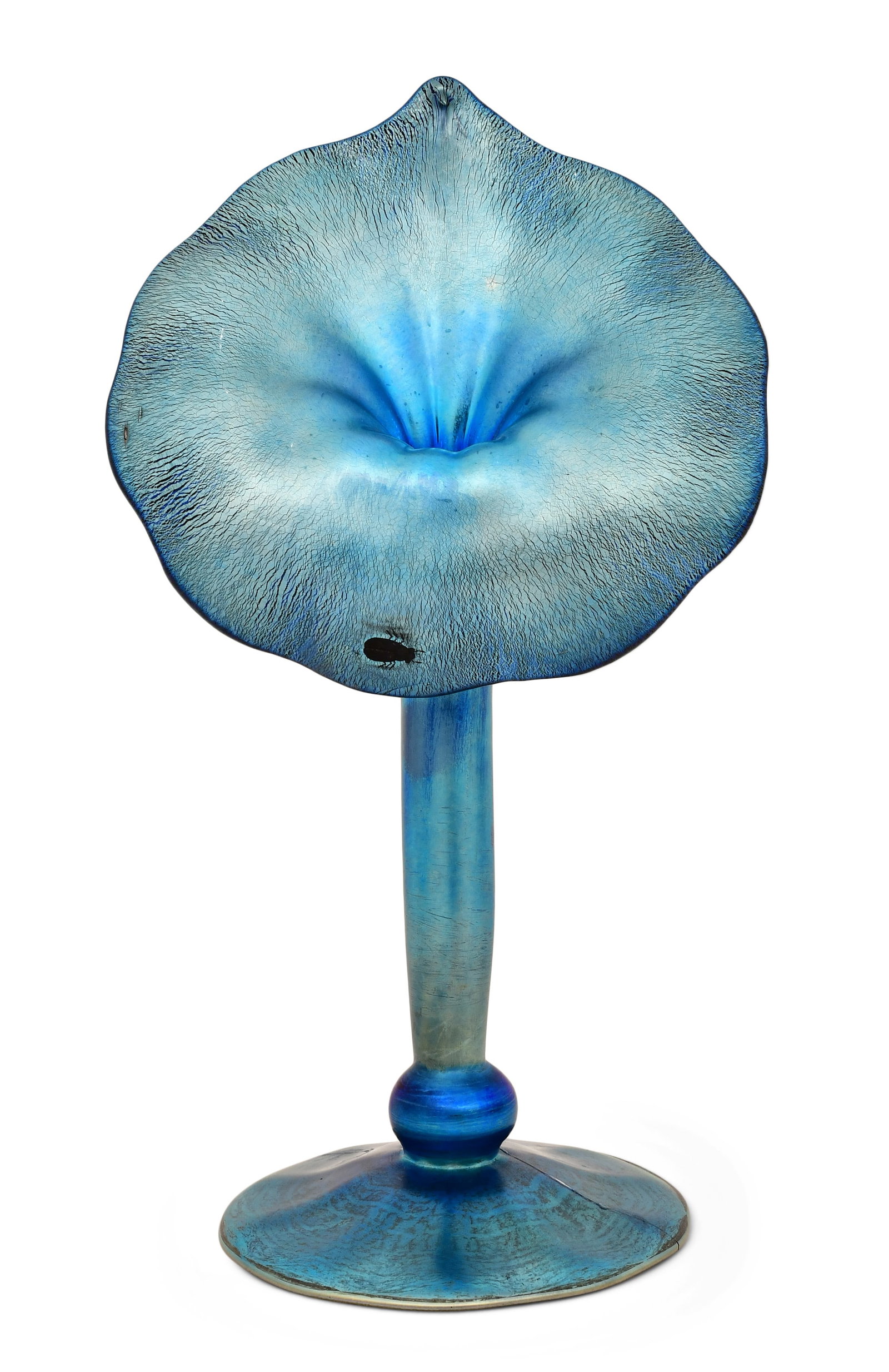 Tiffany Studios "Jack-in-the-Pulpit" Vase: Tiffany Studios "Jack-in-the-Pulpit" Vase early 20th century blue favrile glass marked "L.C. Tiffany - Favrile, 1966" engraved with beetle 14 x 6 x 4 1/2 inches Provenance: Private Collection,