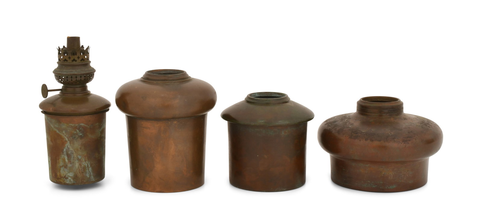 Tiffany Studios, Four Lamp Base Fonts: Tiffany Studios Four Lamp Base Fonts early 20th century patinated bronze each impressed "Tiffany Studios, New York" with respective model number 8 x 2 3/4 inches, 6 x 3 3/4 inches, 4 1/2 x 3 3/4 inche