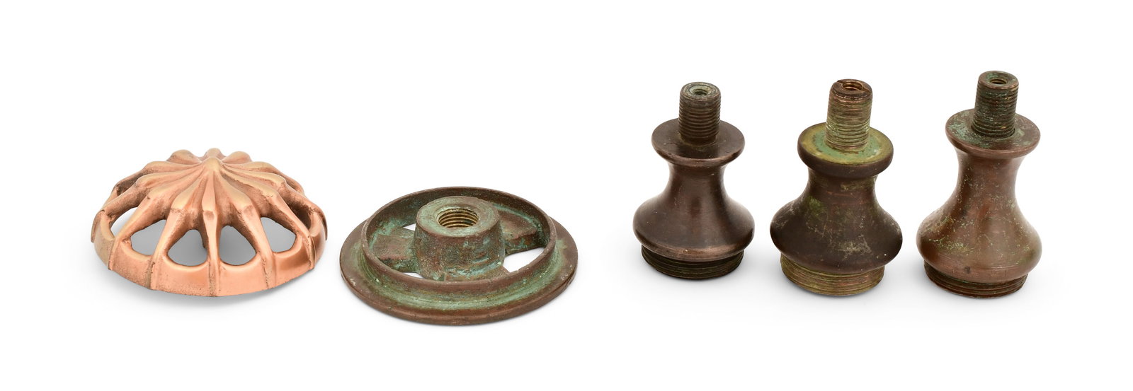 Tiffany Studios, Three Risers, Ring & "Spider" Heat Cap: Tiffany Studios Three Risers, Ring & "Spider" Heat Cap early 20th century bronze 2 in. high (tallest riser) Provenance: Property from an Important Northeast Collection Other Notes: Fontaine's Auction