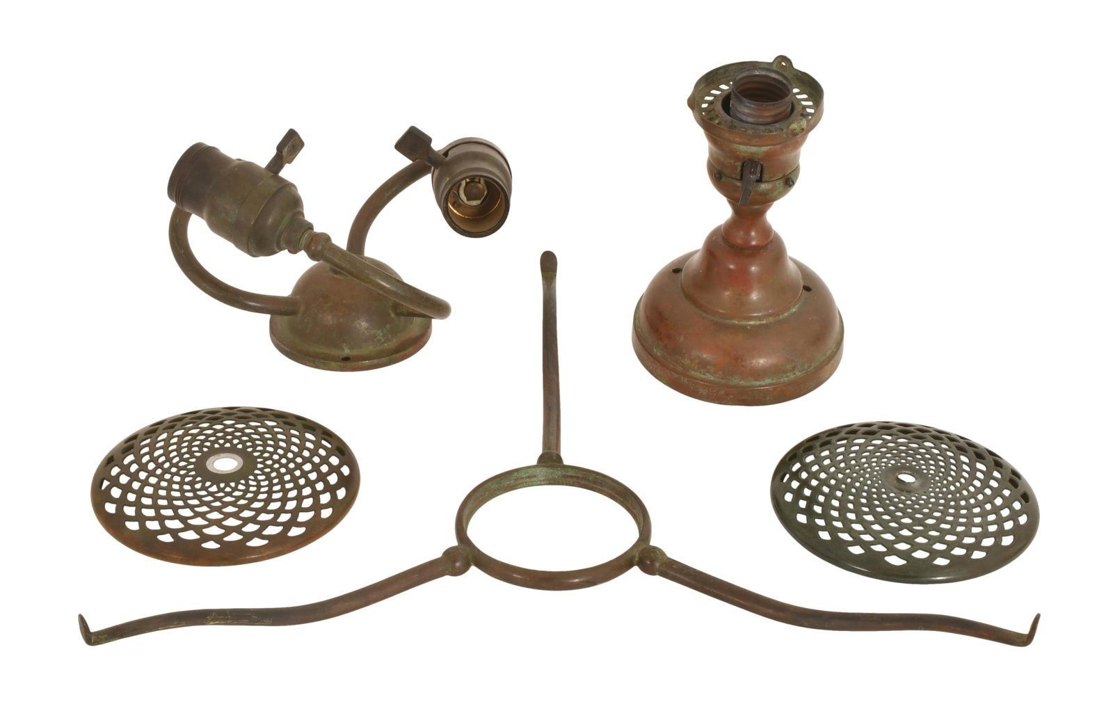 Tiffany Studios Assorted Parts, Comprising Two Heat Caps, Socket Cluster, Three-Arm Support & Shade: Tiffany Studios Assorted Parts, Comprising Two Heat Caps, Socket Cluster, Three-Arm Support & Shade Support circa 1910 patinated bronze 6 x 4 inches (tallest) Provenance: Important Private Collection