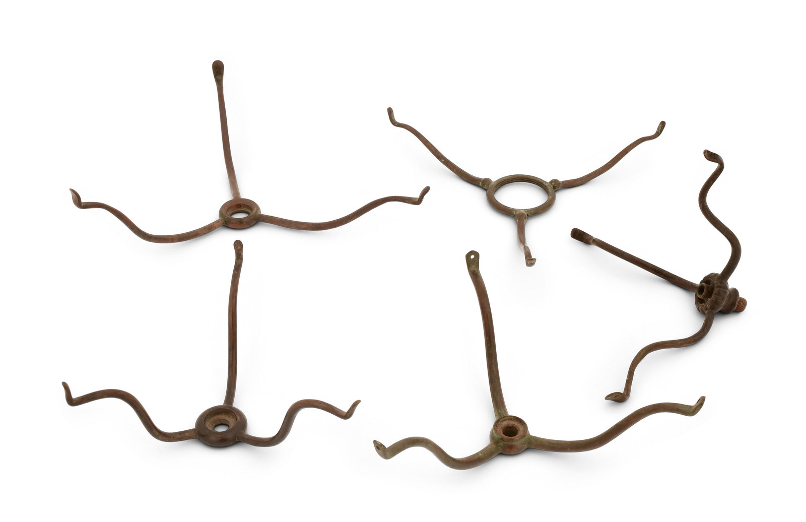 Tiffany Studios, Five Three-Arm Shade Supports: Tiffany Studios Five Three-Arm Shade Supports circa 1910 patinated bronze 9 inches (larger) 6 inches (smaller) Provenance: Property from an Important Northeast Collection Other Notes: Fontaine's