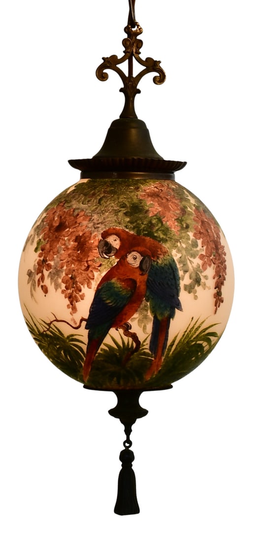 Handel "Double Parrot" Globe Ceiling Light: Handel Company (Connecticut/New York, 1885-1936) "Double Parrot" Globe Ceiling Light early 20th century obverse painted glass, patinated metal marked "Handel 7378" and artist signed 51 x 9 1/2 inches