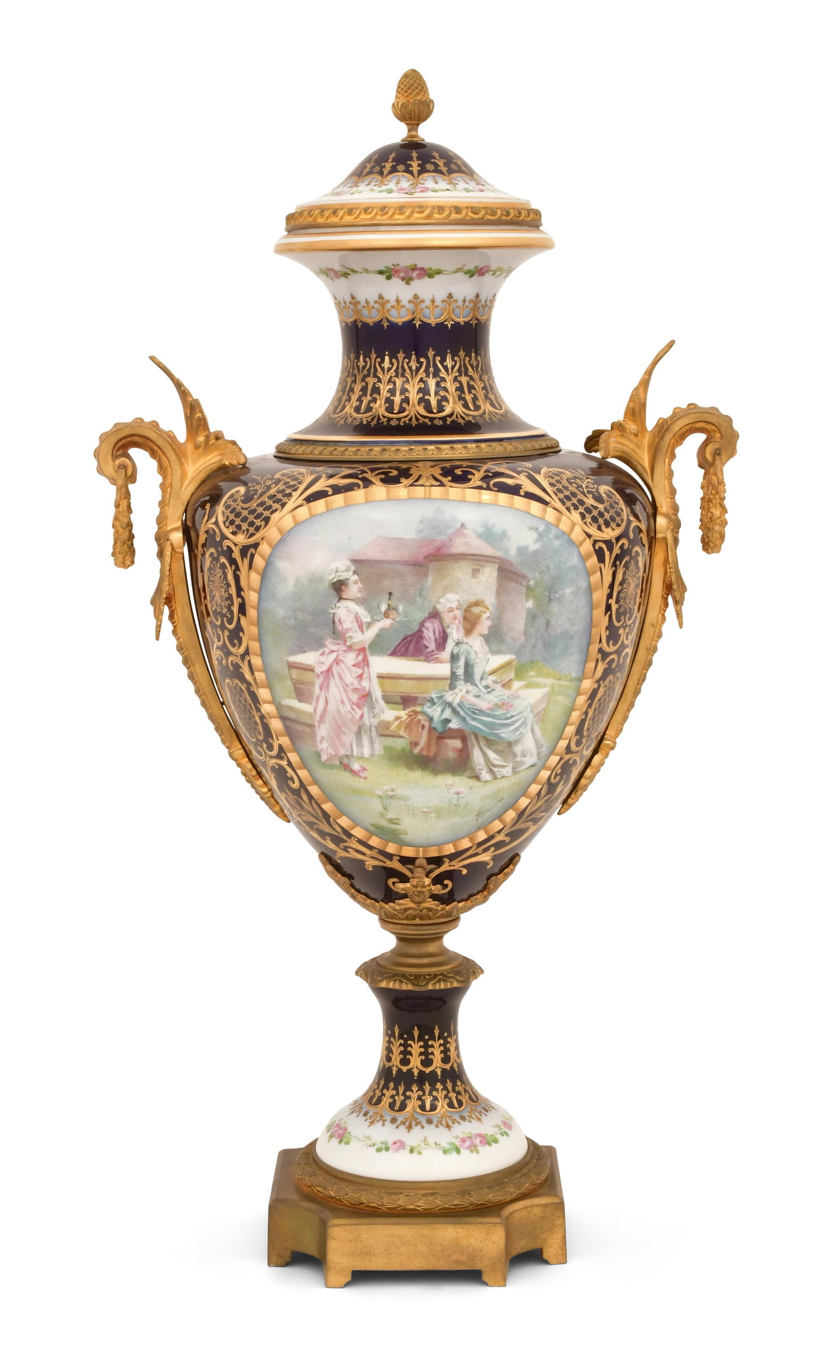 Sèvres Gilt Bronze-Mounted Porcelain Urn: Sèvres Gilt Bronze-Mounted Porcelain Urn late 19th century the hand-painted urn with scenes of figures in a garden and a landscape, signed with Sèvres mark and artist signed "Maxant" 28 3/4 