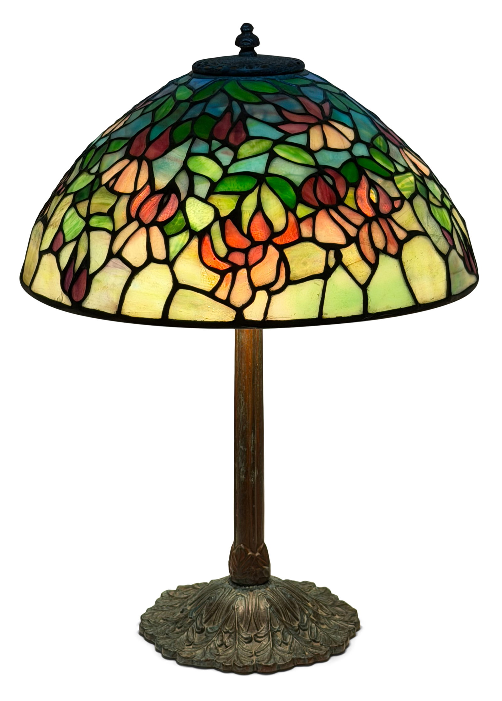 Paul Crist Studios "Fuchsia" Table Lamp: Paul Crist Studios "Fuchsia" Table Lamp 20th century leaded glass, patinated bronze base marked "Fuchsia, An Original Handcraftd Lamp by Paul Crist" 22 x 16 inches Provenance: Property from a Massachu