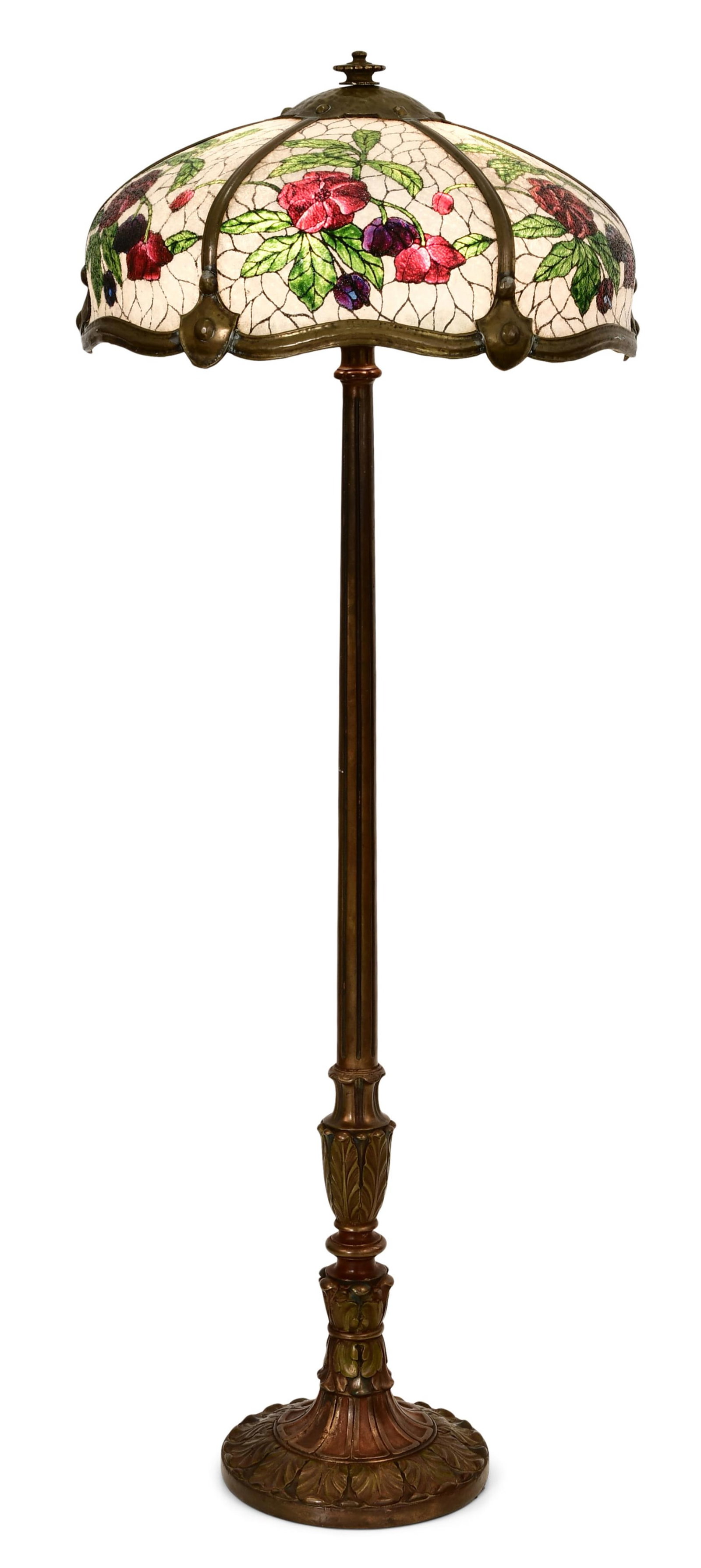 John Morgan & Sons "Peony" Floor Lamp: John Morgan & Sons "Peony" Floor Lamp early 20th century reverse painted glass, hammered & patinated metal 63 x 24 inches Provenance: Property from a Massachusetts Collector