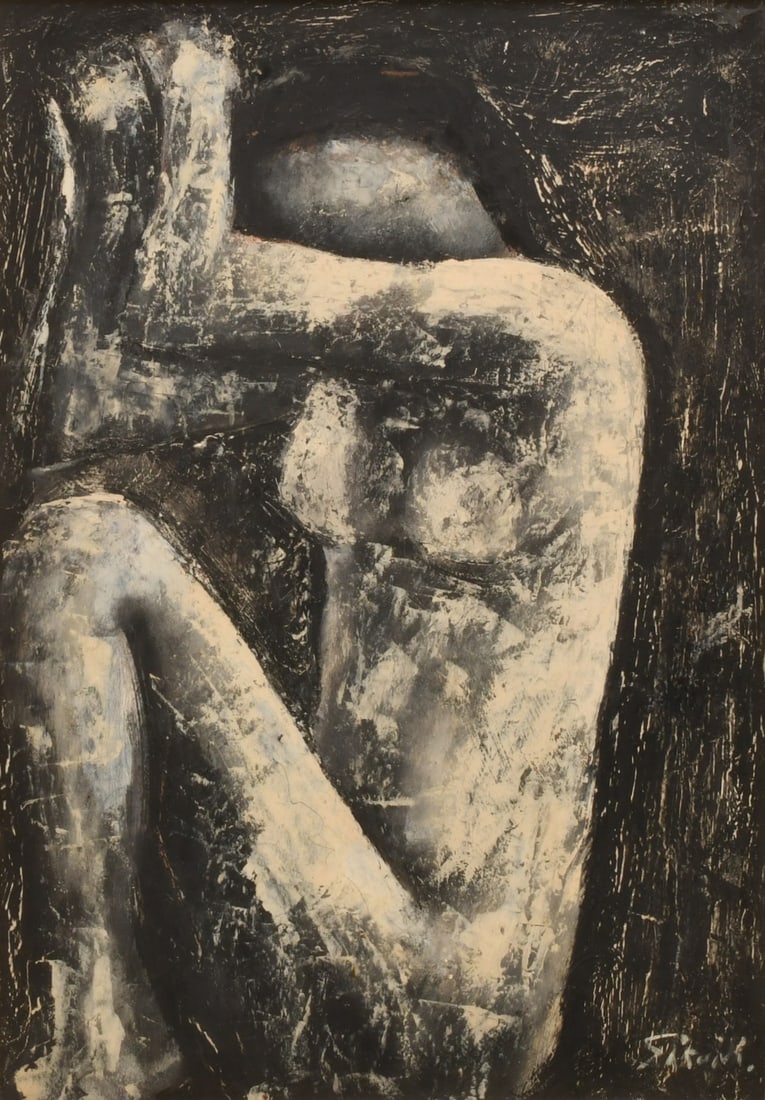 Mario Sironi (Italian, 1885-1961), "Nude Study": Mario Sironi (Italian, 1885-1961) "Nude Study" oil on board signed "Sironi" (lower right); inscribed "Painted by Me in 1940, M. Sironi, Milan 7/4/959" (verso); and with label "Gruppo Indipendente pitt