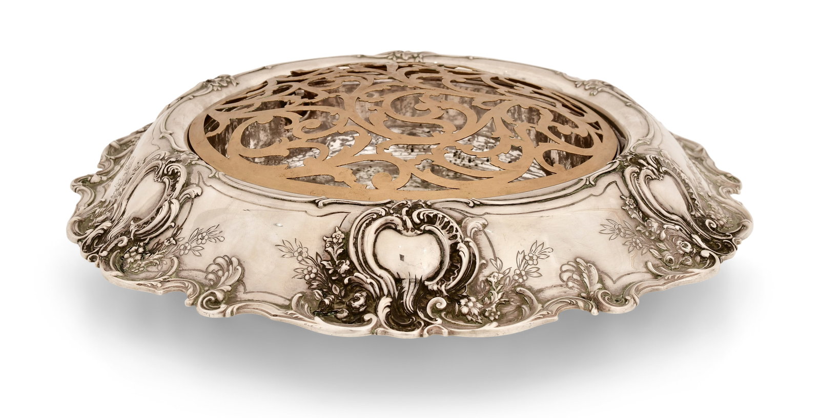 Tiffany & Co. Sterling Silver Centerpiece Bowl with Flower Frog: Tiffany & Co. (New York, est. 1837) Centerpiece Bowl with Flower Frog early 20th century sterling silver bowl marked "Tiffany & Co. / Makers / Sterling Silver / 925-1000 / 18474 / 7642 / M" 4 x 14 1/2