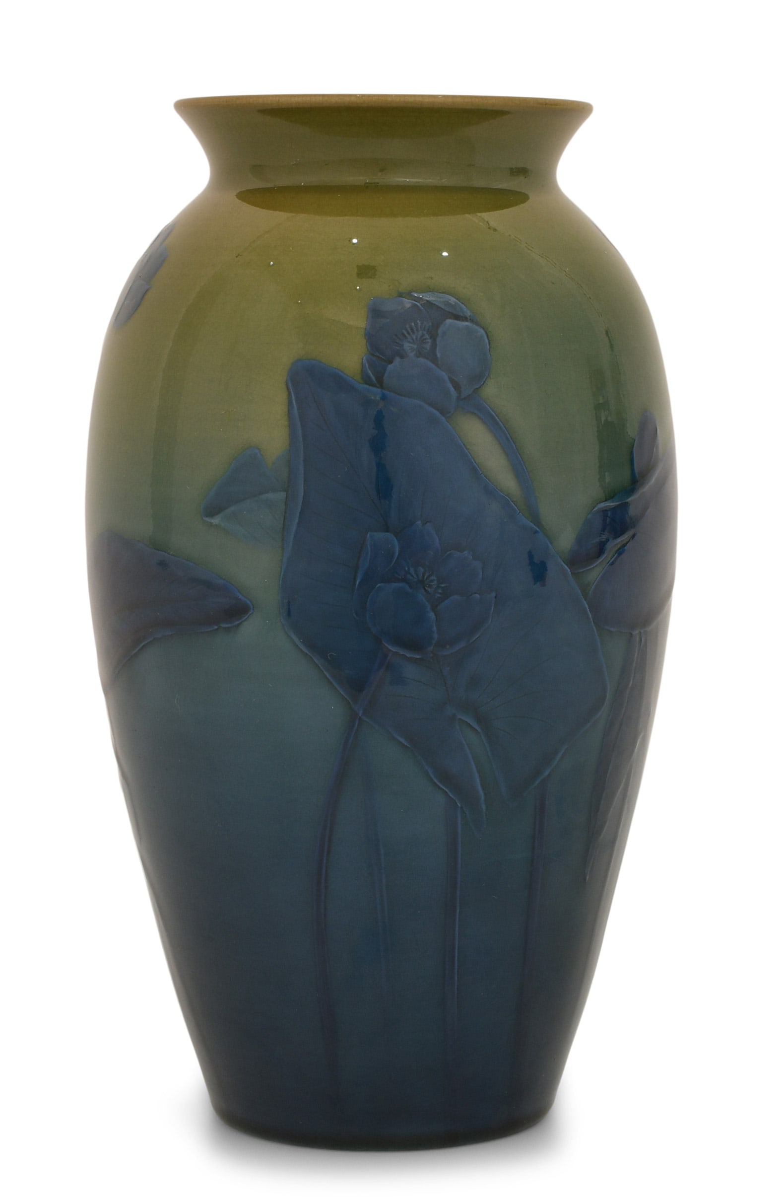 Rookwood Pottery "Lotus" Vase, Decorated by Albert Robert Valentien: Rookwood Pottery Company Decorated by Albert Robert Valentien "Lotus" Vase circa 1893 glazed earthenware impressed with firm's mark, 568B W, and artist signed 9 1/4 x 5 inches