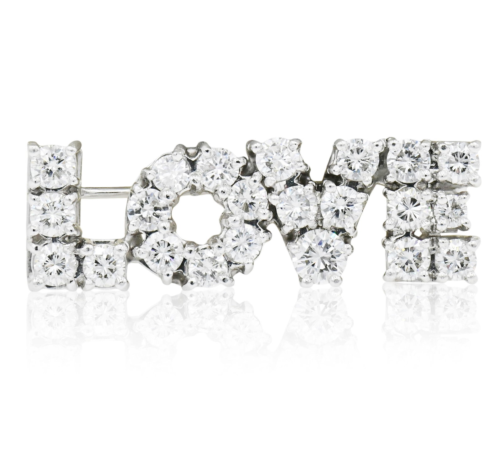 Tiffany Platinum & Diamond 'LOVE' Brooch: Tiffany Platinum & Diamond 'LOVE' Brooch • set with round brilliant diamonds weighing a total of 1.70 carats with G-H color, VS1-VS2 clarity and Very Good-Excellent cut • 1 1/8 inches (len