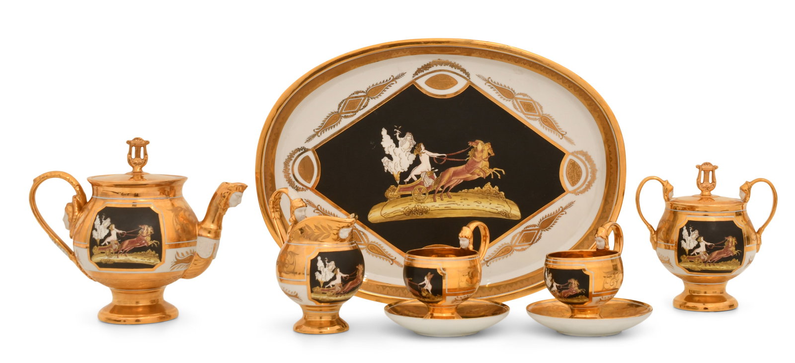 Sèvres Schierholz Neoclassical Tete-a-Tete Set: Sèvres Schierholz Neoclassical Tete-a-Tete Set 19th century decorated with chariots and figures, marked to the underside 8 1/2 x 9 1/2 x 5 1/2 inches (teapot) 16 1/2 x 12 1/2 inches (tray) Proven