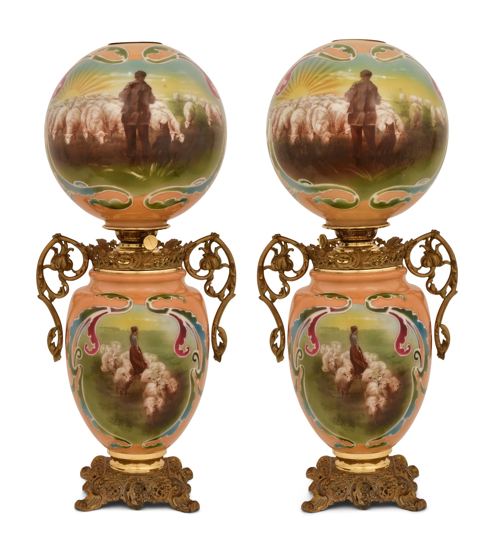 A Pair of American Hand-Painted Parlor Lamps: A Pair of American Hand-Painted Parlor Lamps 19th century the lamps decorated with shepherds and sheep in a pasture 30 x 11 1/2 inches
