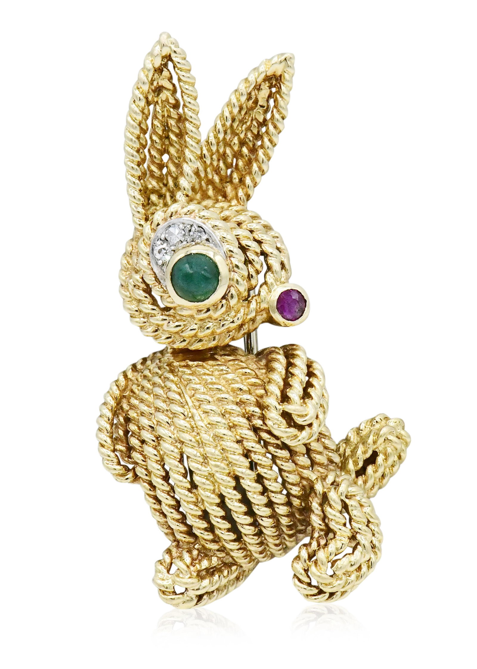 Van Cleef & Arpels 18K Yellow Gold, Gemstone & Diamond Bunny Pin: Van Cleef & Arpels 18K Yellow Gold, Gemstone & Diamond Bunny Pin • the eye set with a 0.13 carat emerald cabochon • the nose set with a 0.04 carat faceted round ruby • accented by si