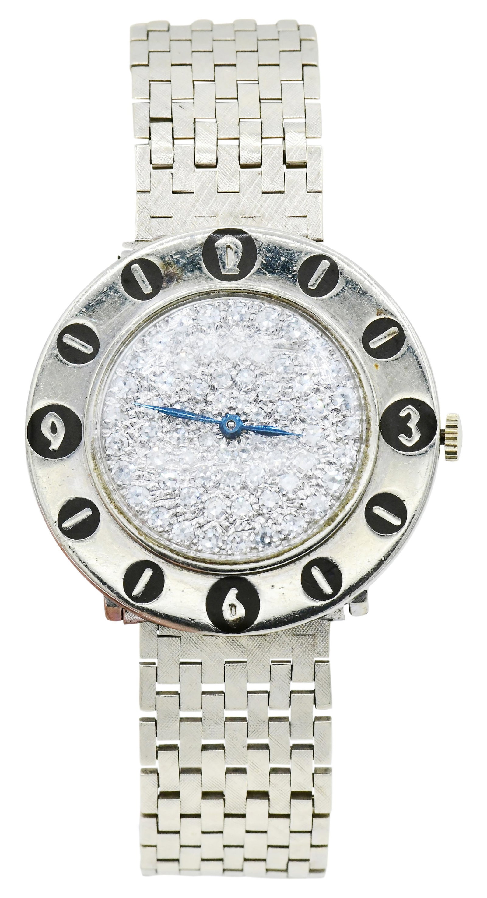 14K White Gold & Diamond Dial Wrist Watch: 14K White Gold & Diamond Dial Wrist Watch Case: 14K white gold Case Diameter: 32mm Dial: set with single cut diamonds weighing a total of 0.98 carats Bracelet: 14K white gold Length: 6 1/2 inches Tota
