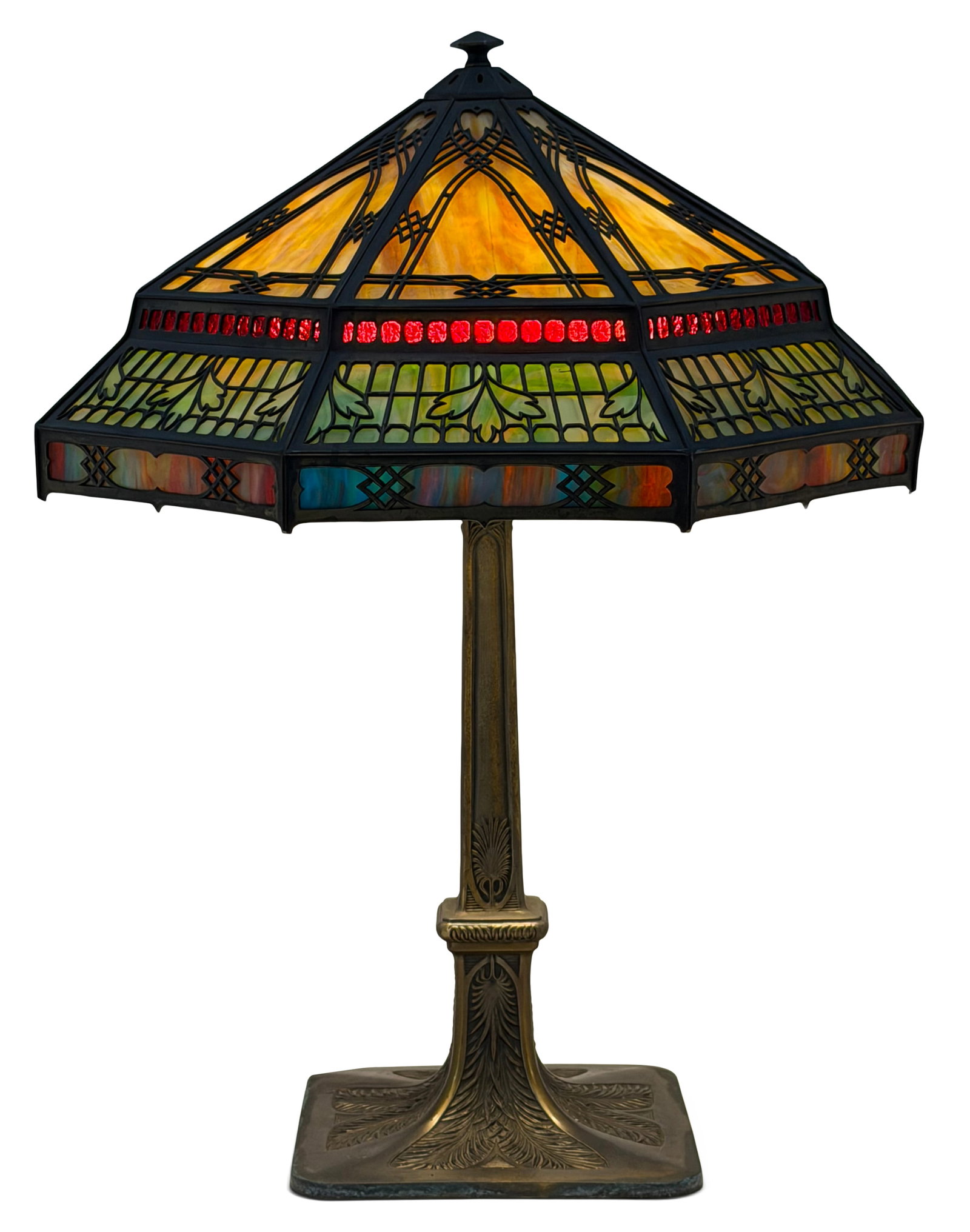 Bradley & Hubbard Overlay Table Lamp: Bradley & Hubbard Mfg. Co. (Meriden, CT, 1852-1940) Overlay Table Lamp early 20th century patinated metal, glass base marked "B & H" 29 x 22 inches Provenance: Private Collection, Connecticut