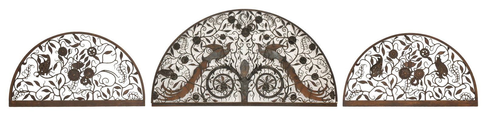 Set of Three Wrought Iron Transoms with Peacocks: Set of Three Wrought Iron Transoms with Peacocks 19th century 30 x 57 1/2 inches (large) 16 1/2 x 29 1/2 inches (small) Provenance: Private Collection, Pennsylvania