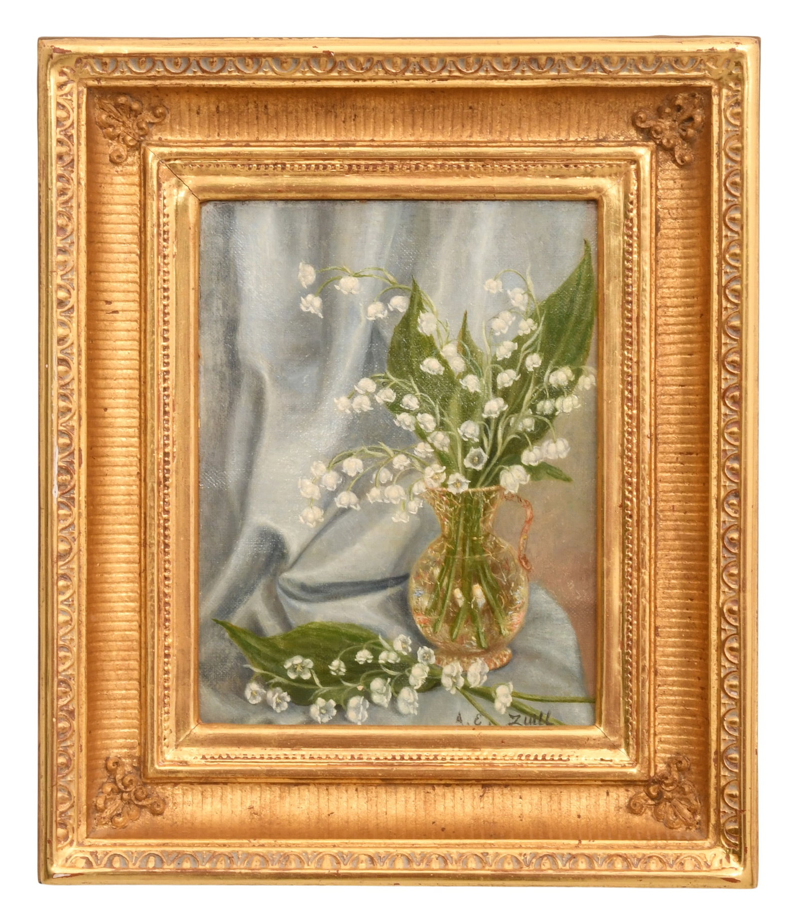 Abbie Zuill (American, 1856-1921), Still Life, Lilies of the Valley in Glass Pitcher: Abbie Zuill (American, 1856-1921) Still Life, Lilies of the Valley in Glass Pitcher oil on canvas signed lower right; and with label on verso from The Crane Collection, Boston, MA 8 1/4 x 6 1/4