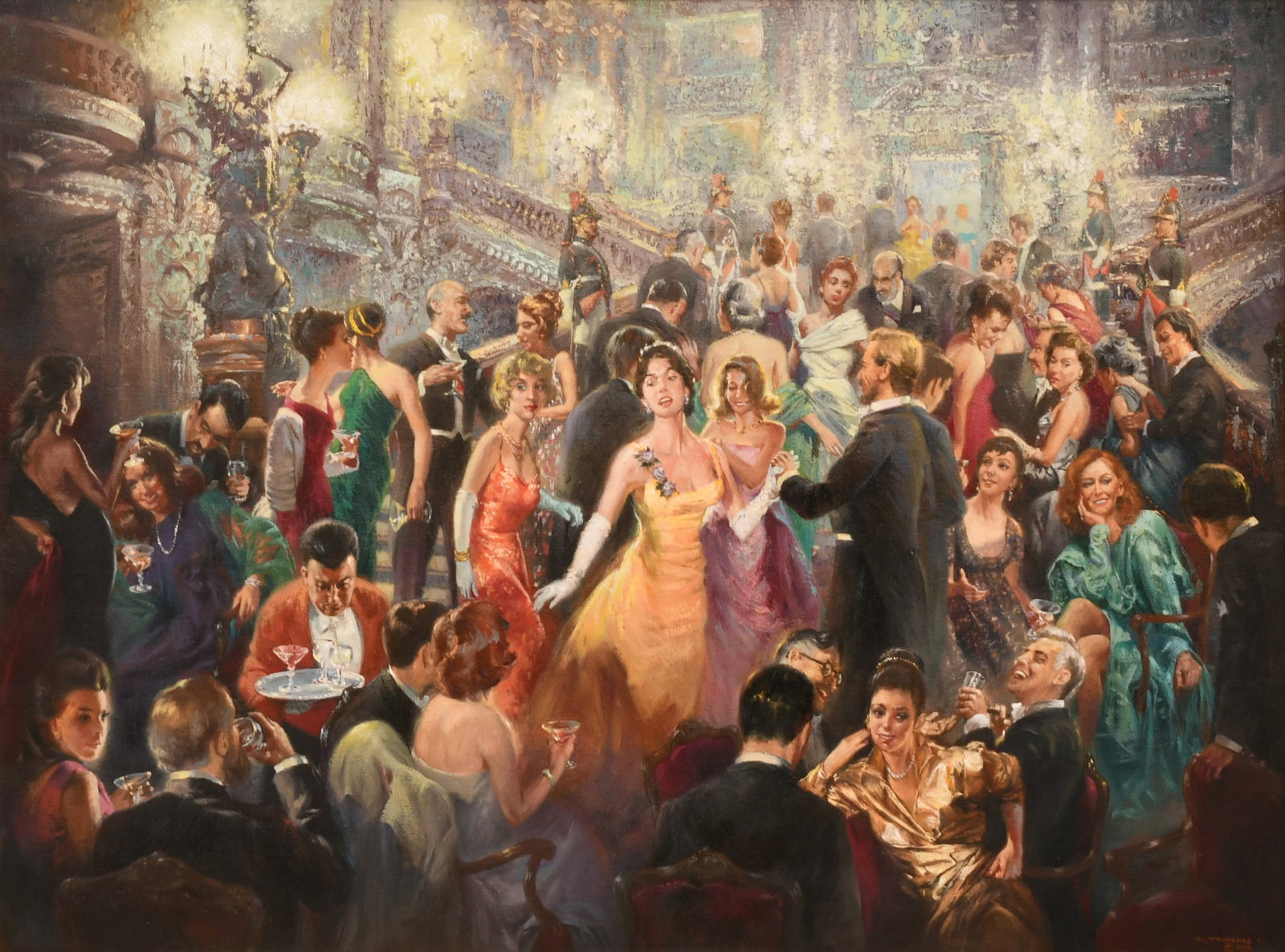 Stephen Juharos (Hungarian/American, 1913-2010), "Season Opening Party in Paris Opera": Stephen Juharos (Hungarian/American, 1913-2010) "Season Opening Party in Paris Opera" oil on canvas signed and dated "S. Juharos, 1998" (lower right) 36 x 48 inches (canvas) 45 x 57 inches (frame)