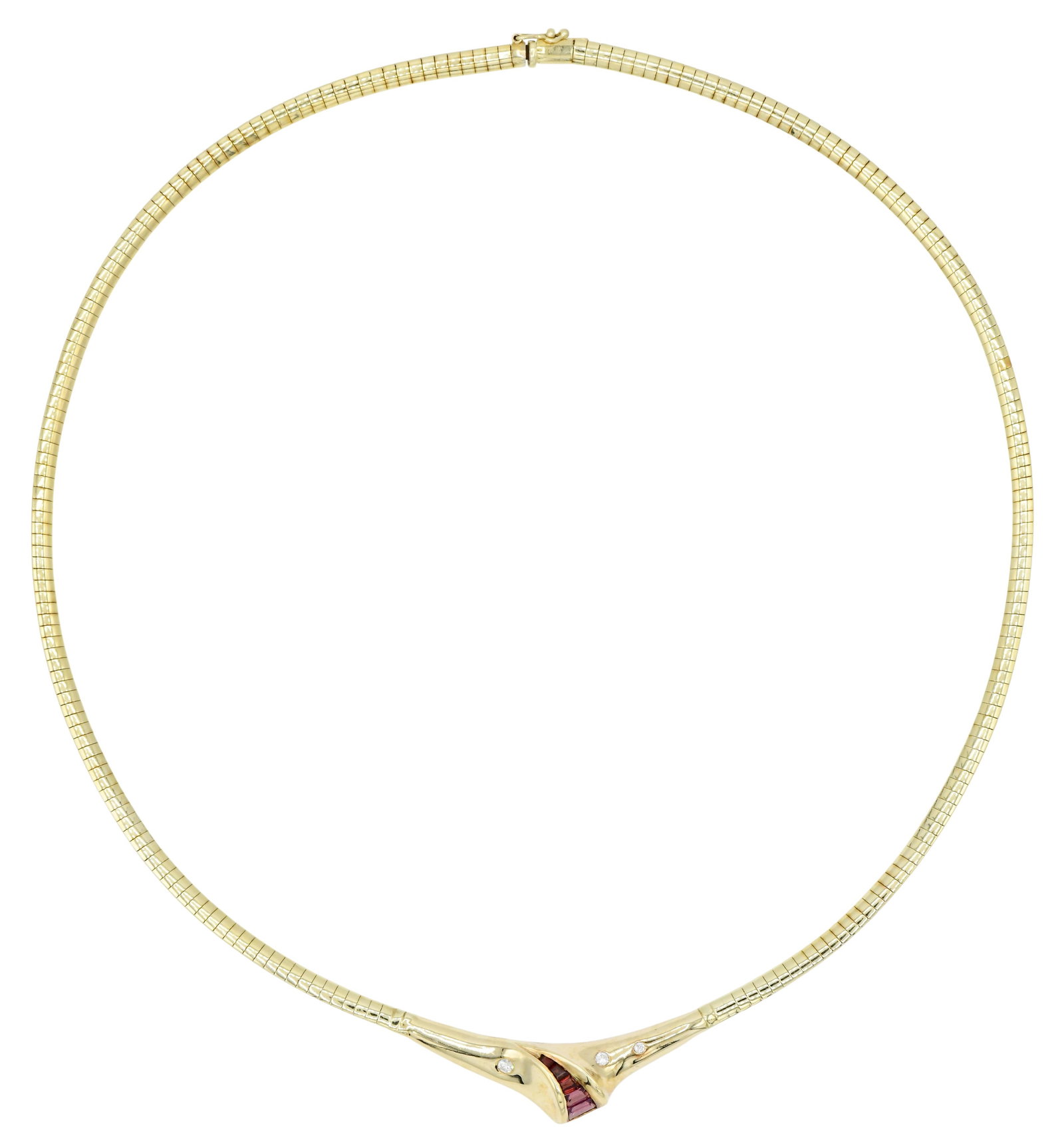 14K Yellow Gold, Diamond & Garnet Retro Italian Collar Necklace: 14K Yellow Gold, Diamond & Garnet Retro Italian Collar Necklace • set with garnet ranging from reddish to purplish hues weighing a total of 0.94 carats • accented by round brilliant diamon