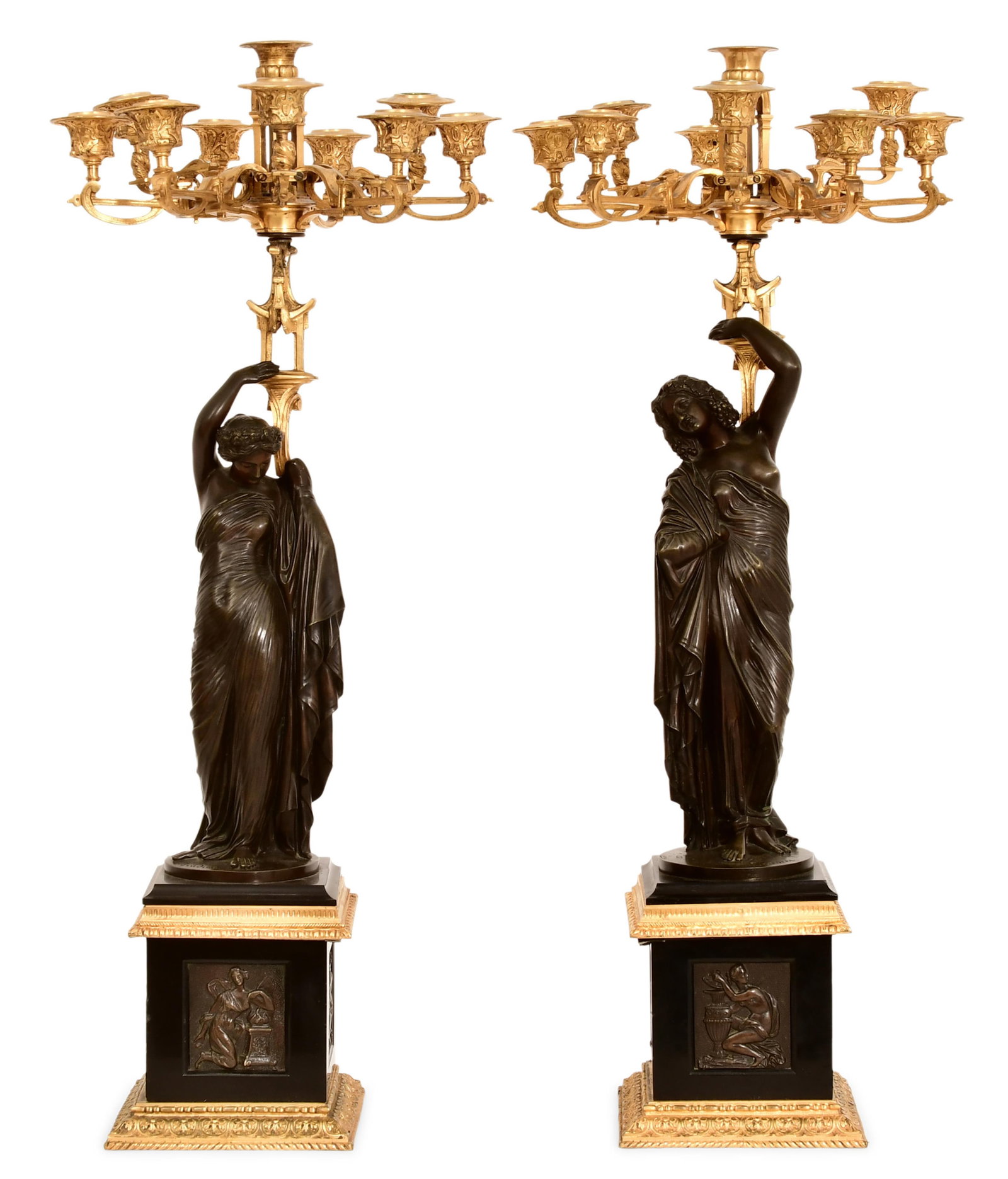 A Pair of French Gilt & Patinated Bronze Ten-Light Figural Candelabra (1 of 1)
