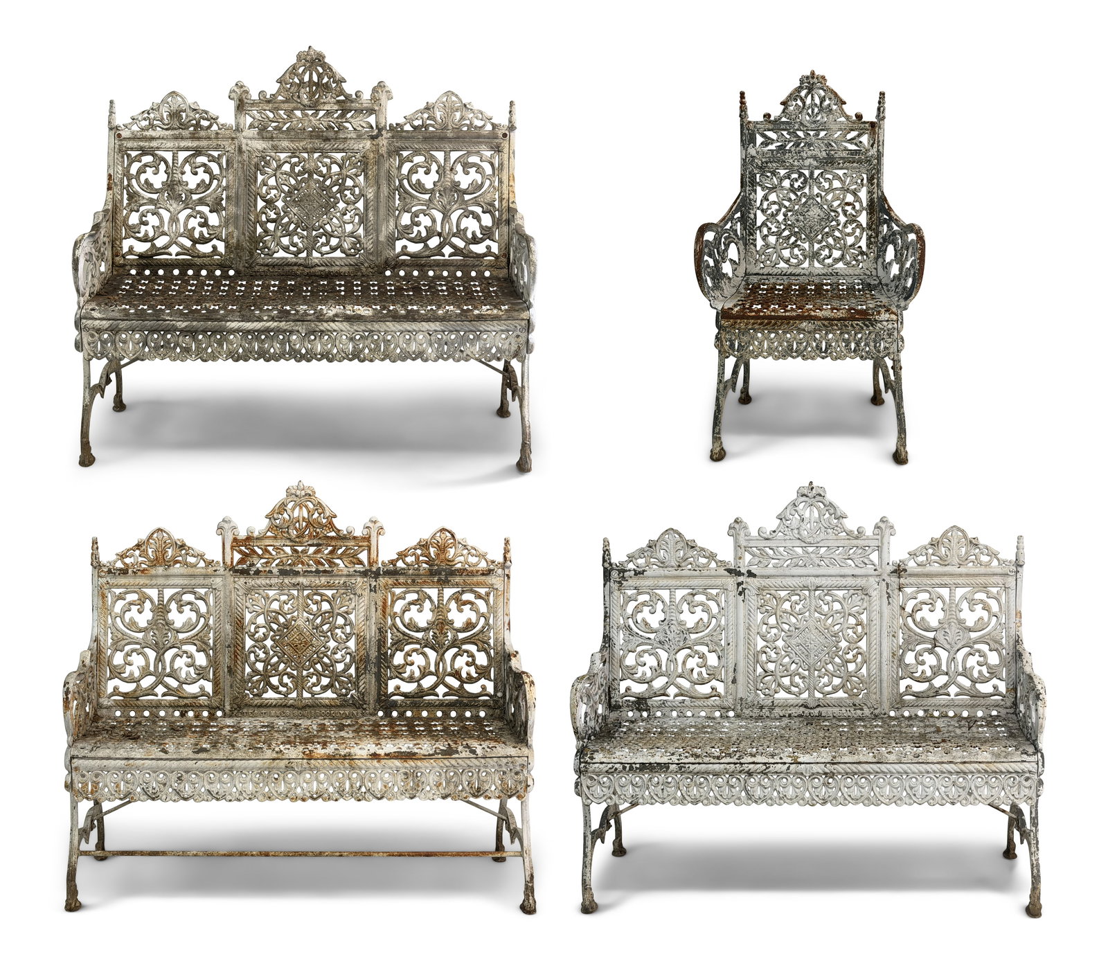 A Set of Three American Cast Iron Garden Benches & Chair: A Set of Three American Cast Iron Garden Benches & Chair 19th century 40 x 43 x 19 inches (bench) 38 x 23 x 19 inches (chair) Provenance: Private Collection, Connecticut