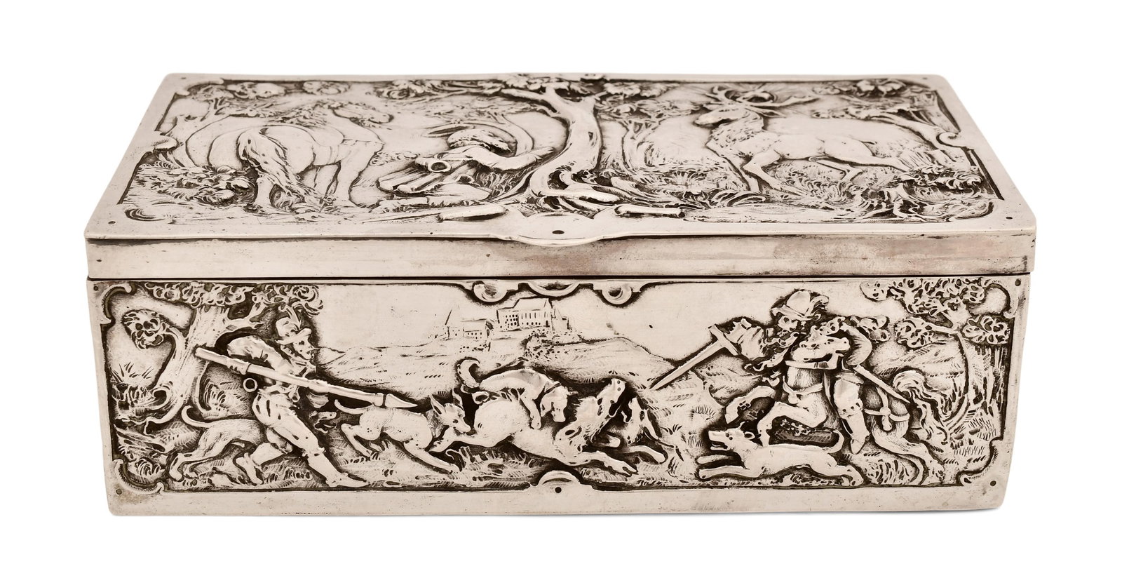 Continental Silver Repoussé Box: Continental Silver Repoussé Box early 20th century the box with deer and a hunting scene, marked "800" and with hallmark 2 1/2 x 7 1/2 x 4 1/4 inches 29.83 troy ounces (total) Provenance: Private