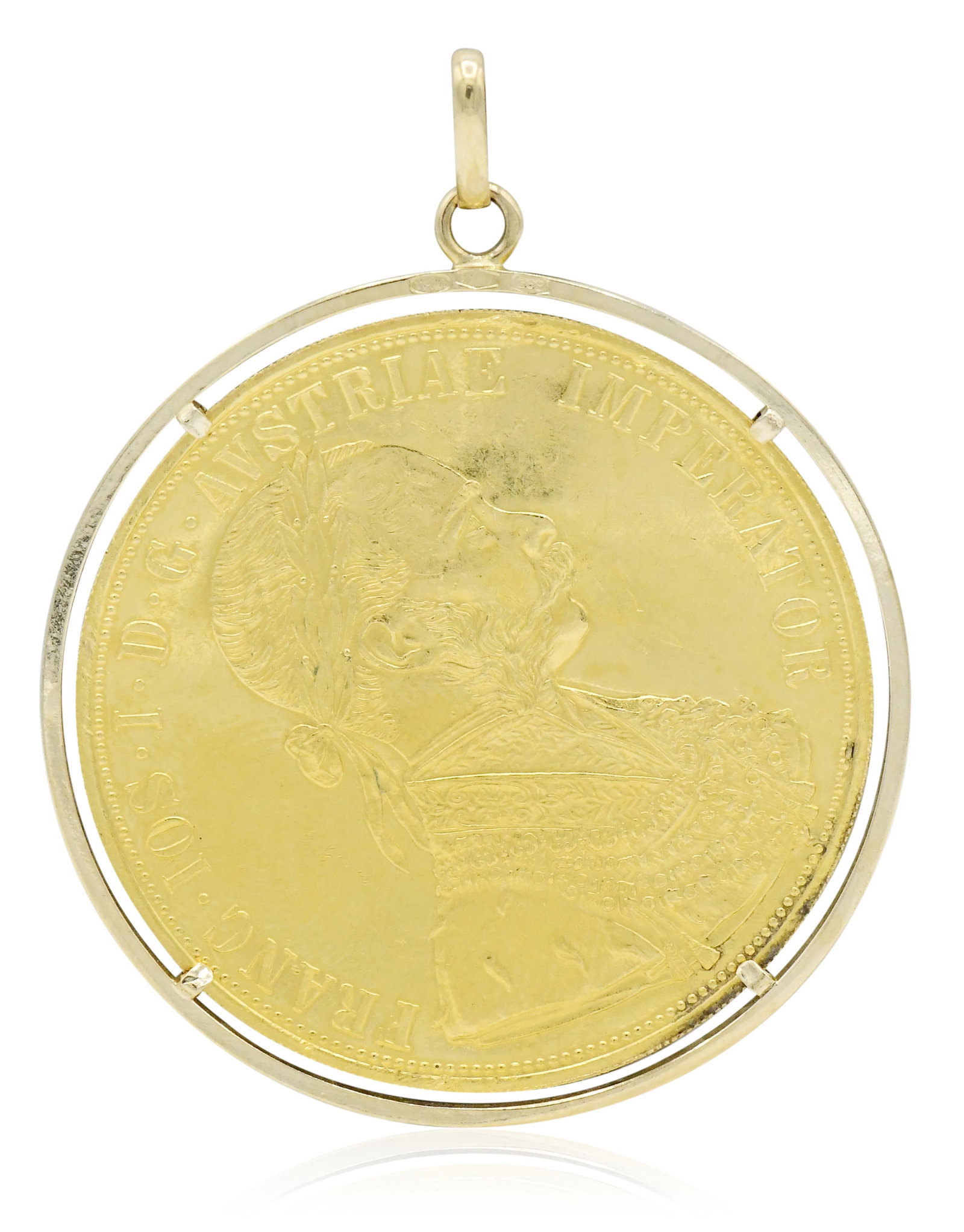 1915 Austrian 4-Ducat 23.6K Gold Coin Pendant: 1915 Austrian 4-Ducat 23.6K Gold Coin Pendant • 14K yellow gold setting • 40 mm (coin diameter) • 2 1/8 inches (pendant length) • 11.1 dwt (total weight) Provenance: Private